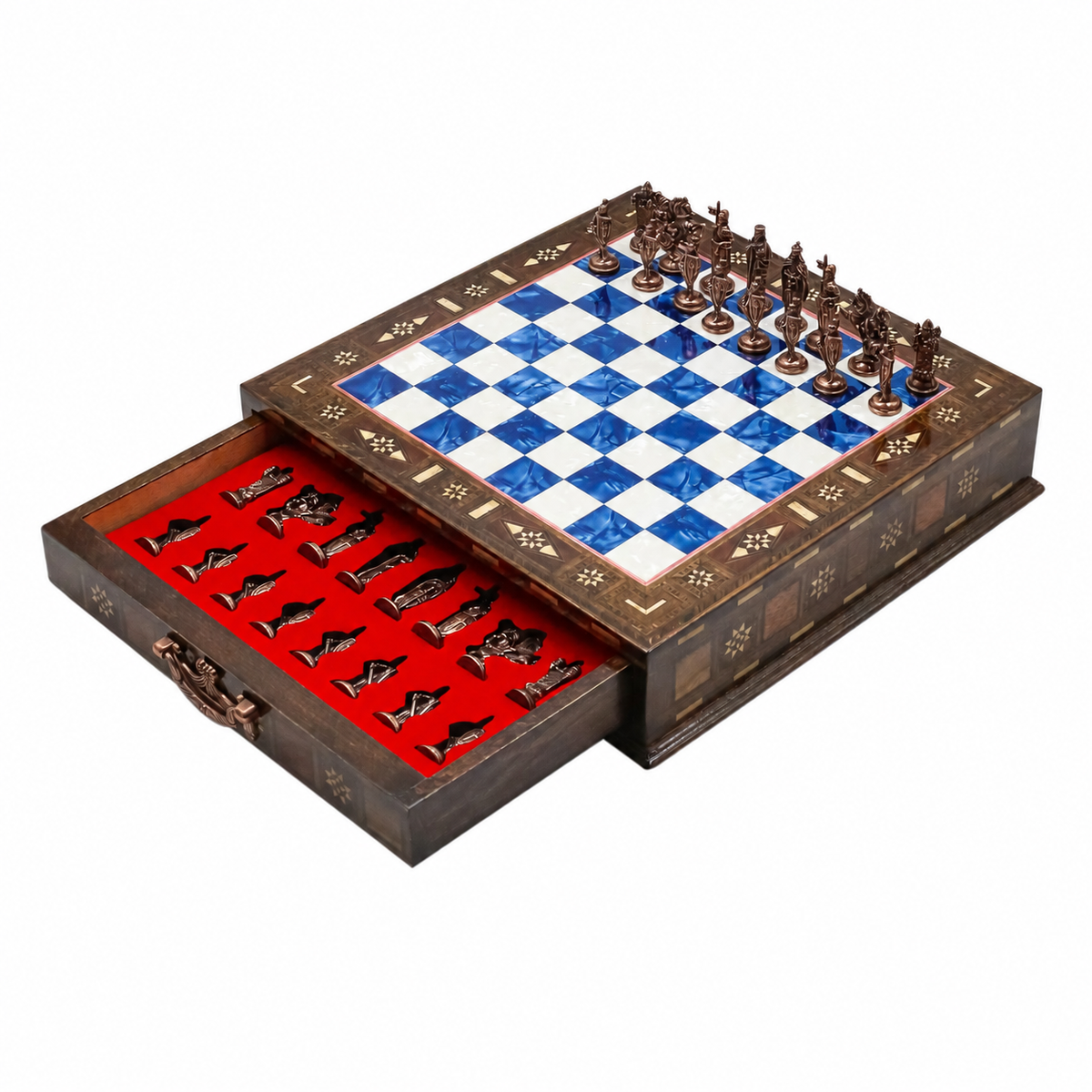 Handmade Inlay Chess Set with Drawer Storage 30 CM (12") - Die Cast Vintage Metal Pieces | Ottoman vs Byzantine War Themed
