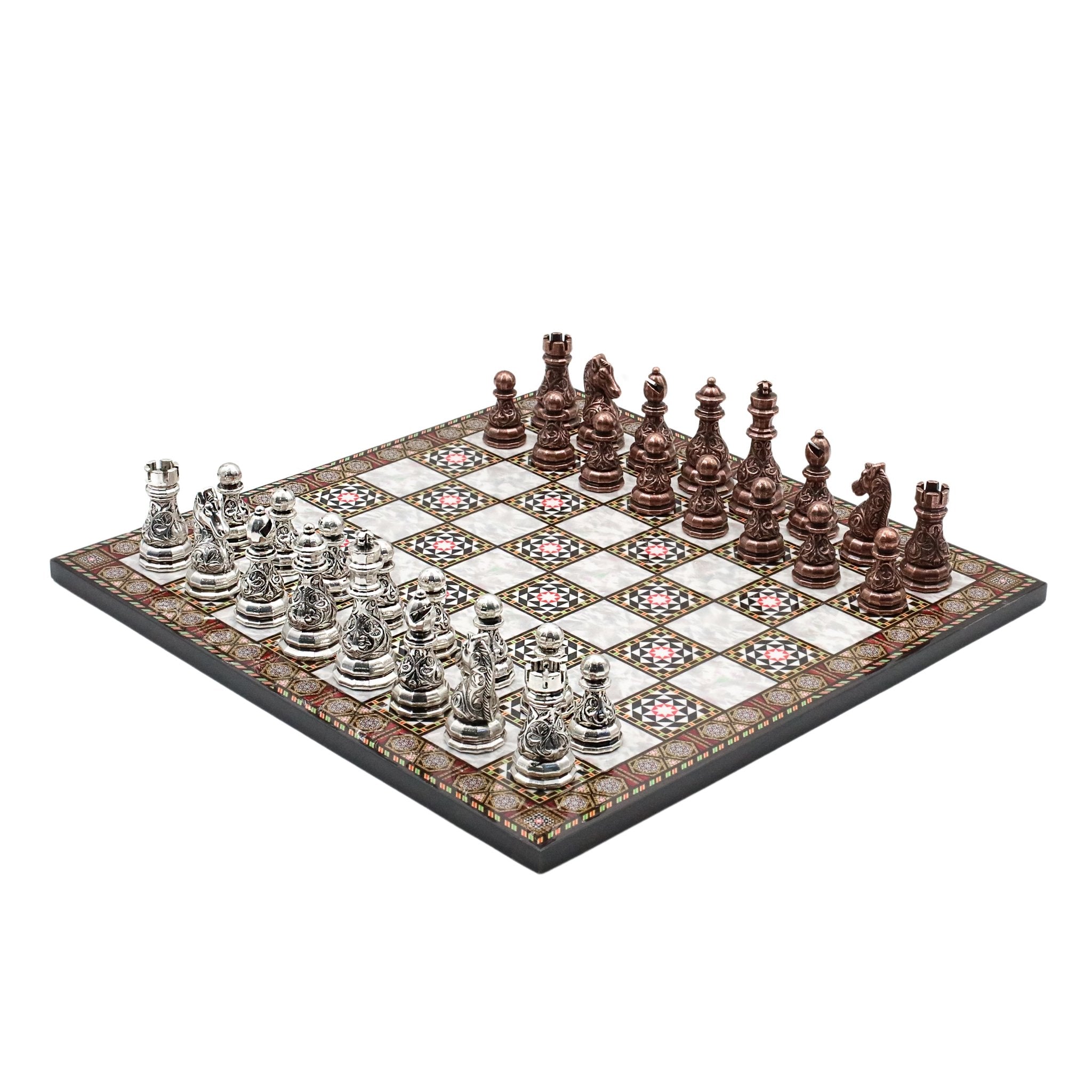 Crystal Baroque Metal Chess Set | Bronze - Silver | Wooden Chess Board 37CM (15") - Cooper Chess