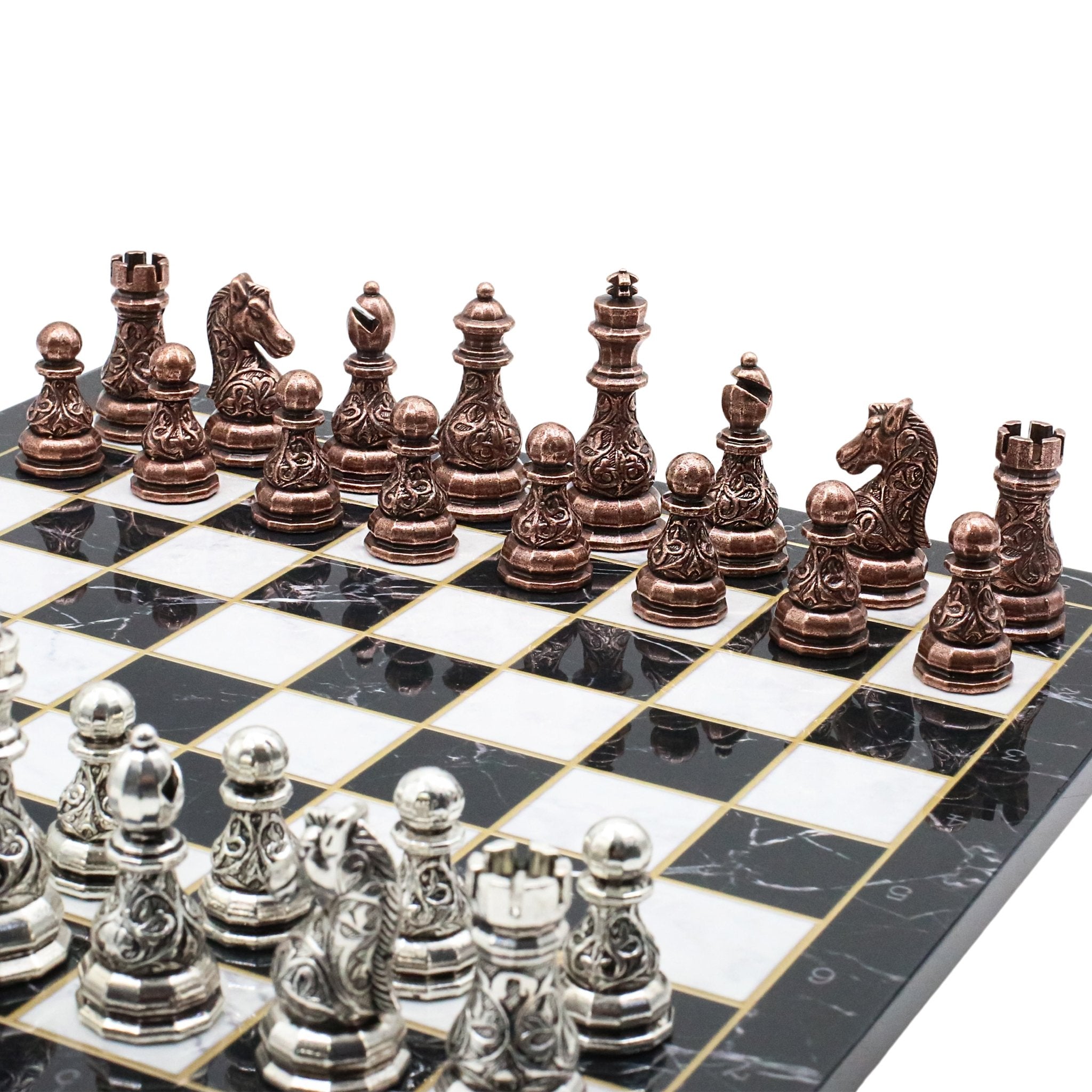 Crystal Baroque Metal Chess Set | Bronze - Silver | Wooden Chess Board 37CM (15") - Cooper Chess