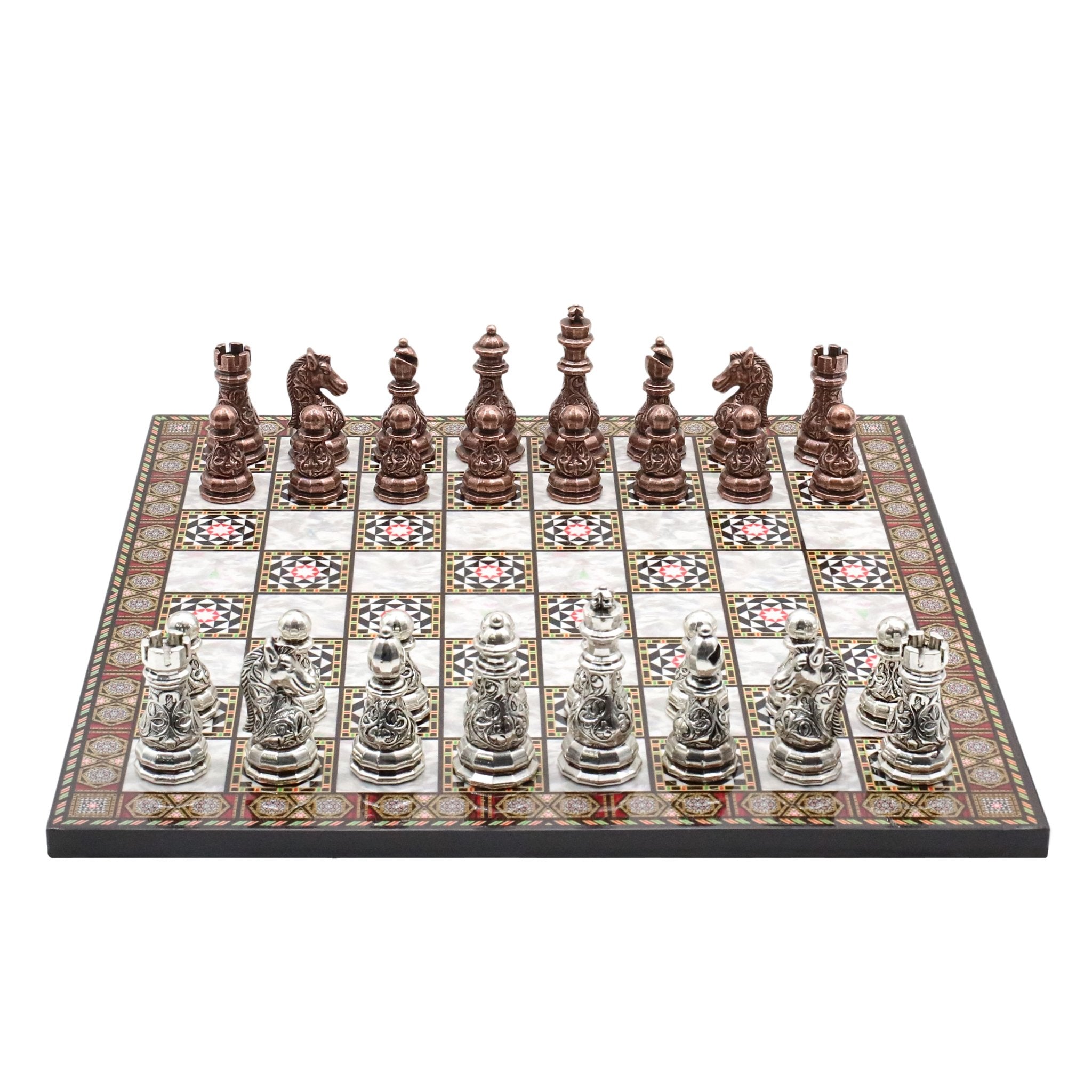 Crystal Baroque Metal Chess Set | Bronze - Silver | Wooden Chess Board 37CM (15") - Cooper Chess