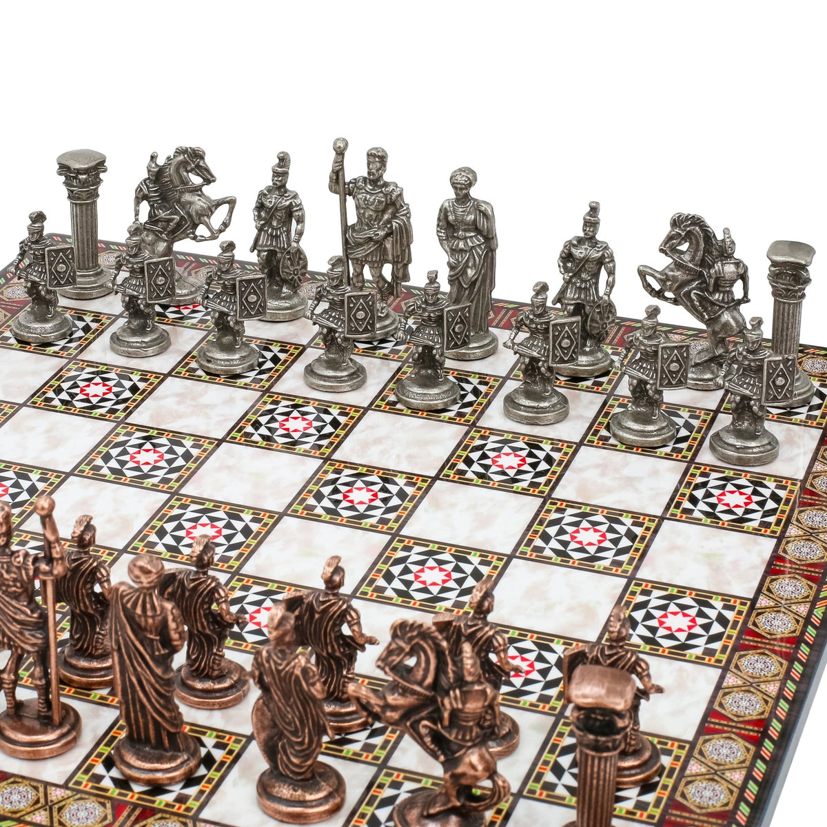 Roman Caesar Vintage Metal Chess Set | Wooden Chess Board 37CM (15") - Cooper Chess