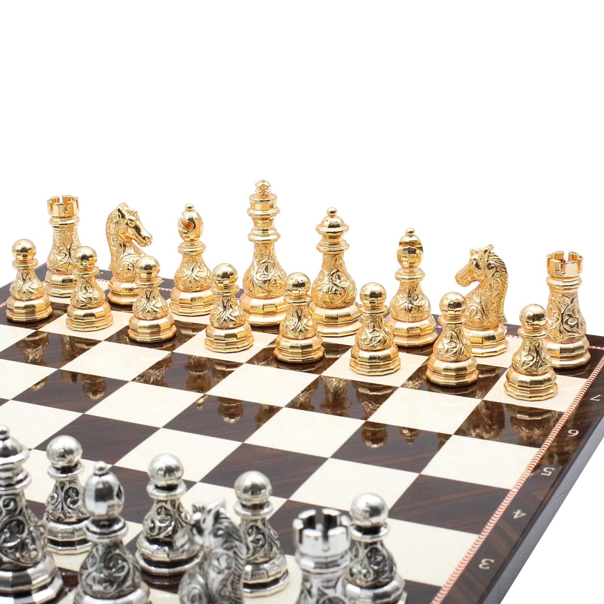 Crystal Baroque Metal Chess Set | Gold - Silver | Wooden Chess Board 37CM (15") - Cooper Chess