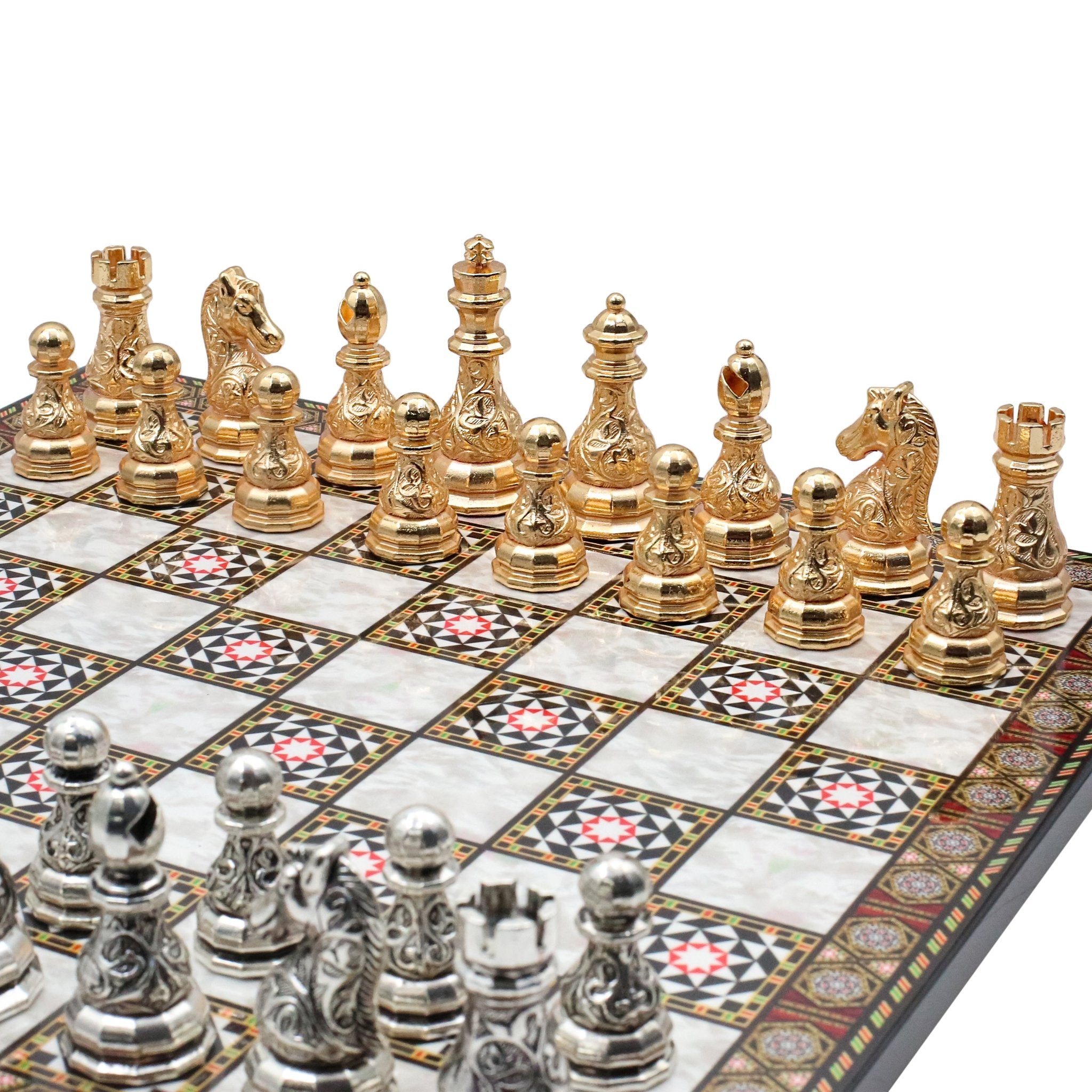 Crystal Baroque Metal Chess Set | Gold - Silver | Wooden Chess Board 37CM (15") - Cooper Chess