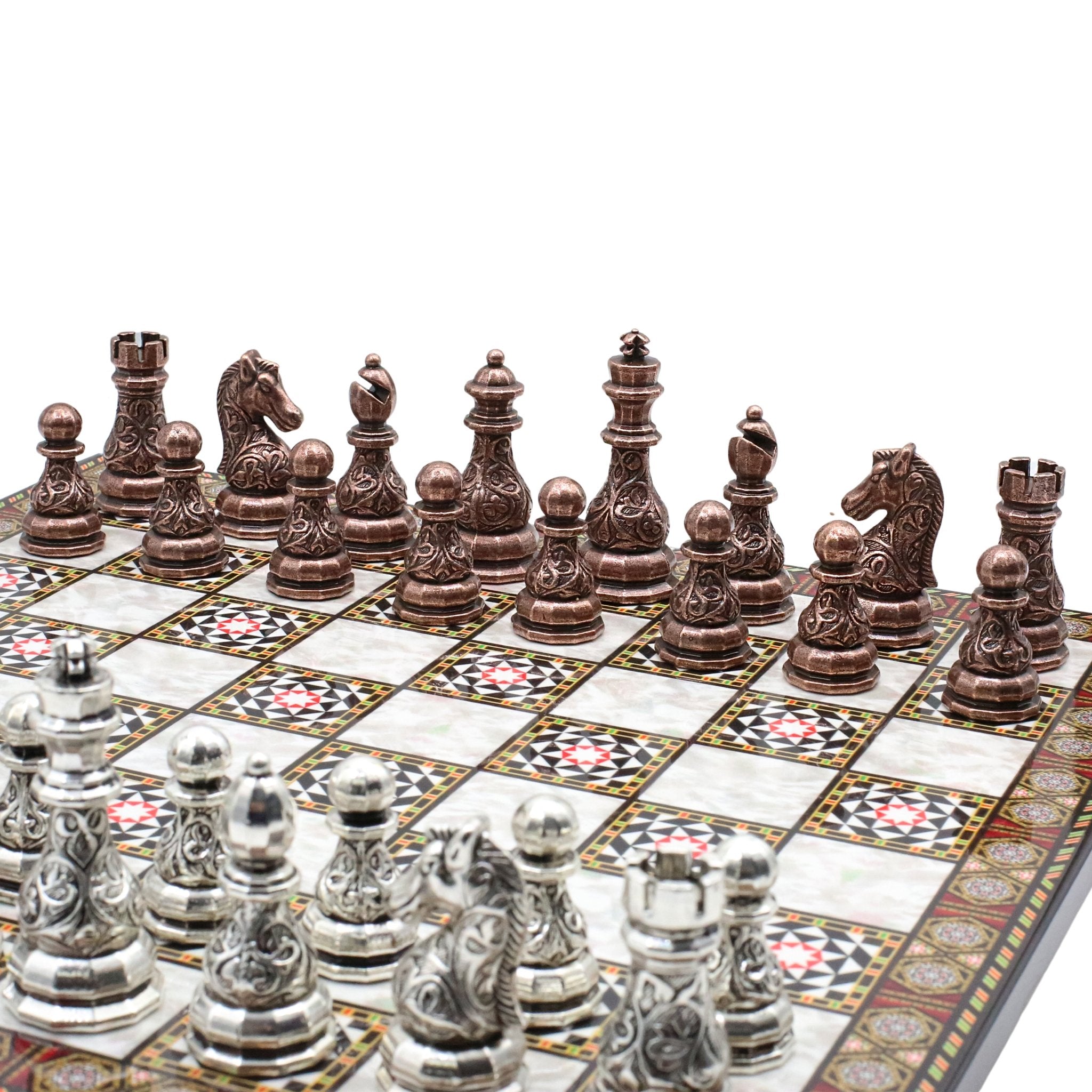 Crystal Baroque Metal Chess Set | Bronze - Silver | Wooden Chess Board 37CM (15") - Cooper Chess