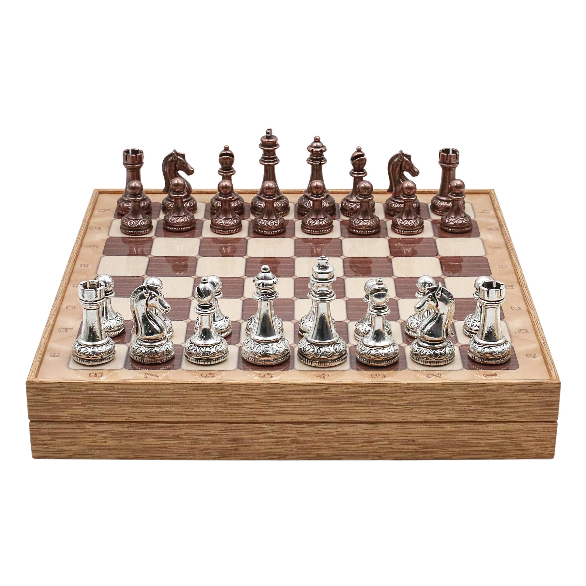 37 CM (15") Storage Chess Set with Metal Weighted Classic Baroque Figures (Bronze vs Silver) - Cooper Chess