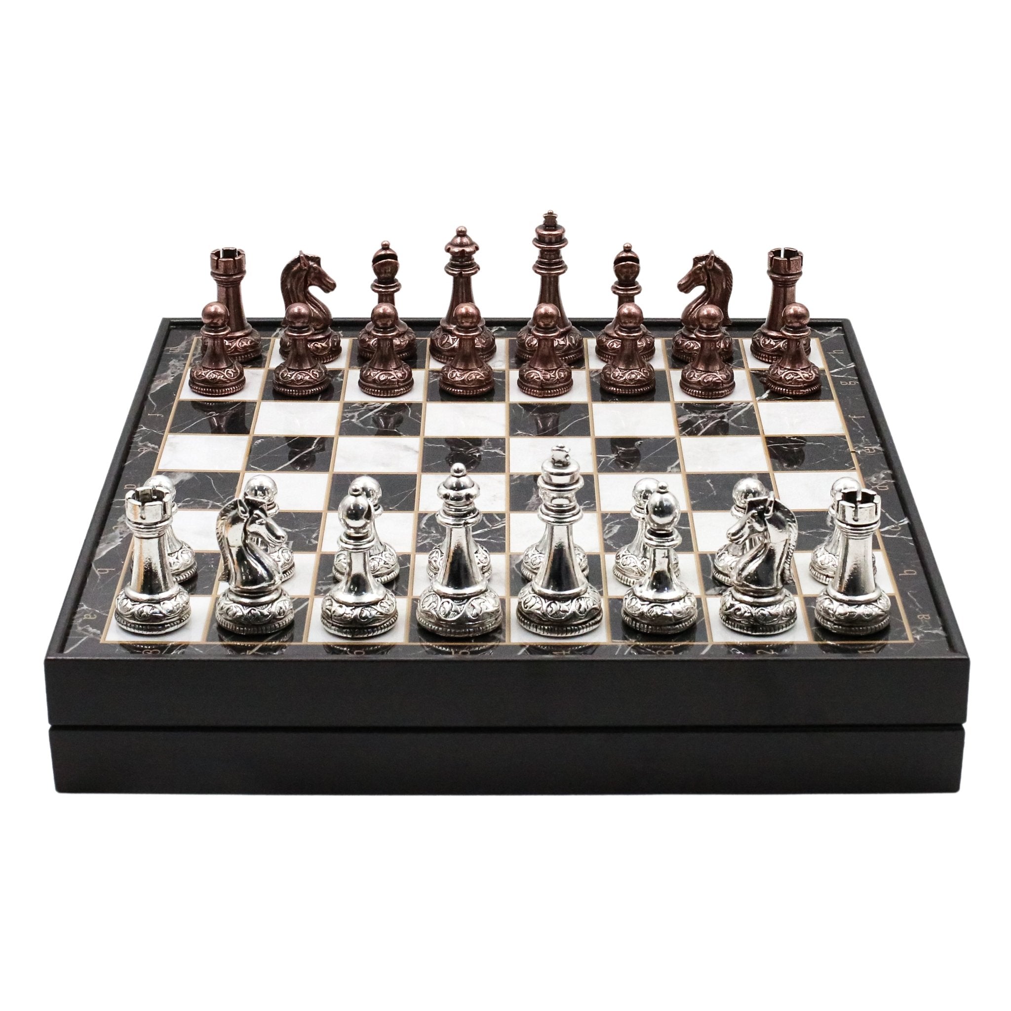 37 CM (15") Storage Chess Set with Metal Weighted Classic Baroque Figures (Bronze vs Silver) - Cooper Chess