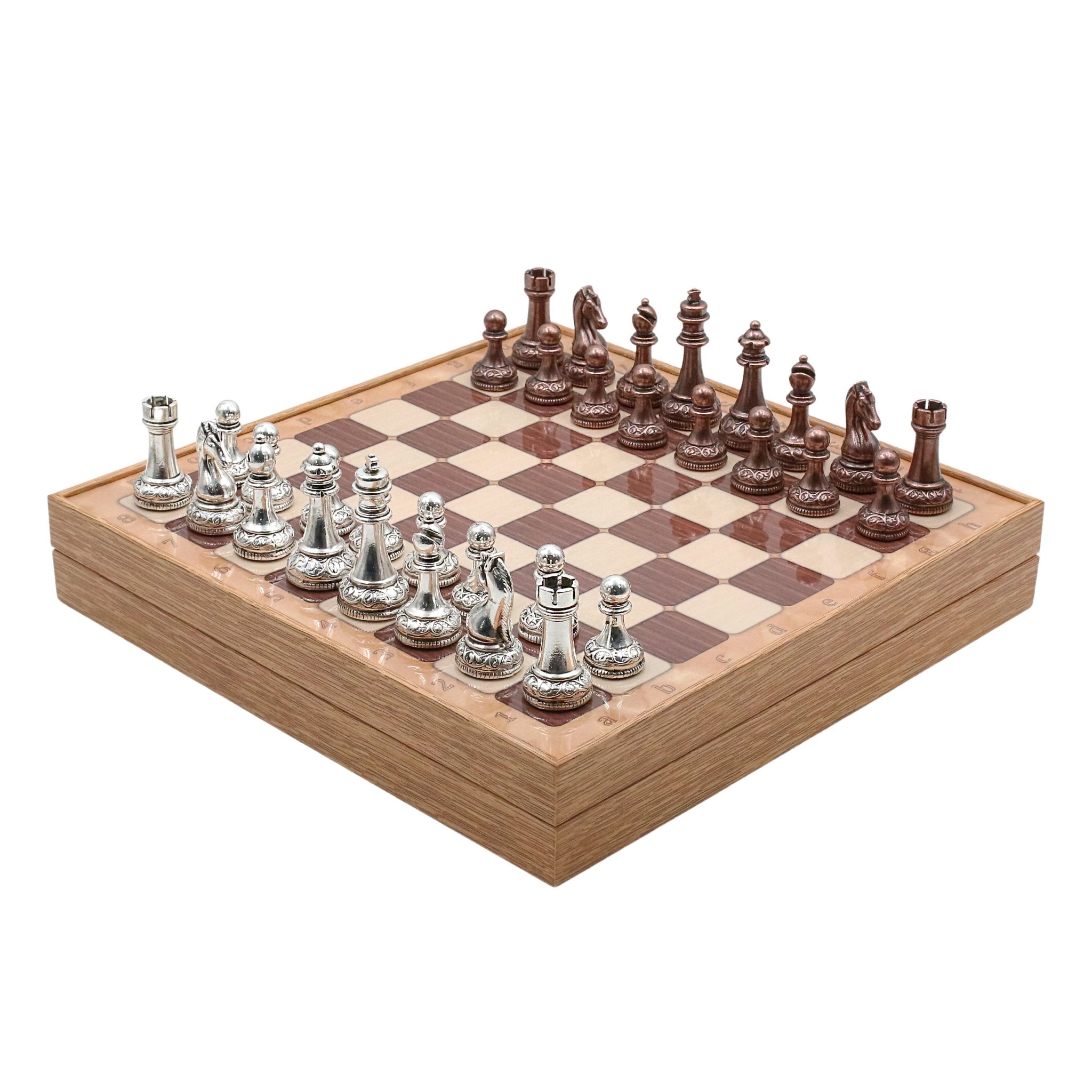 37 CM (15") Storage Chess Set with Metal Weighted Classic Baroque Figures (Bronze vs Silver) - Cooper Chess