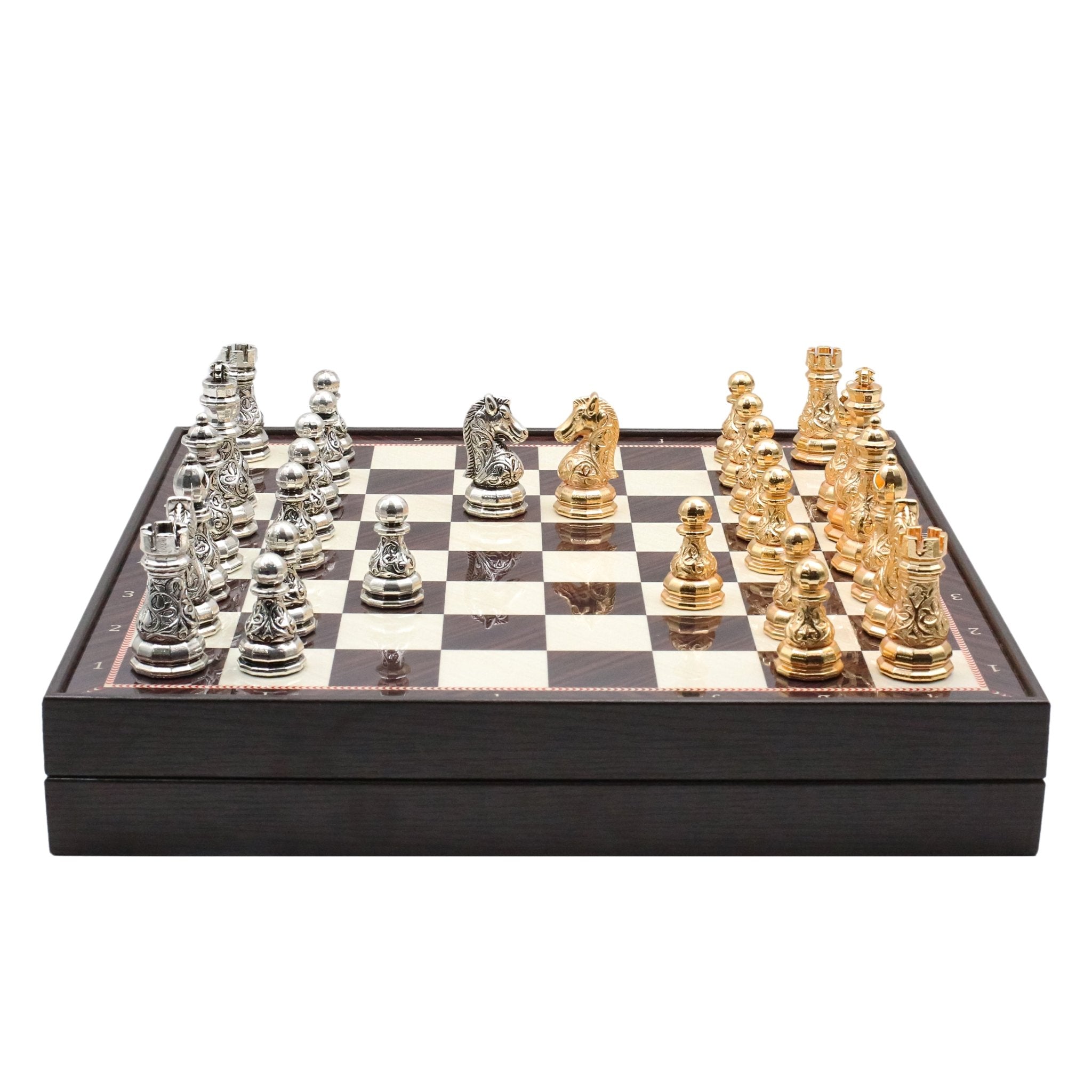 37 CM (15") Storage Chess Set with Metal Weighted Crystal Baroque Figures (Gold vs Silver) - Cooper Chess