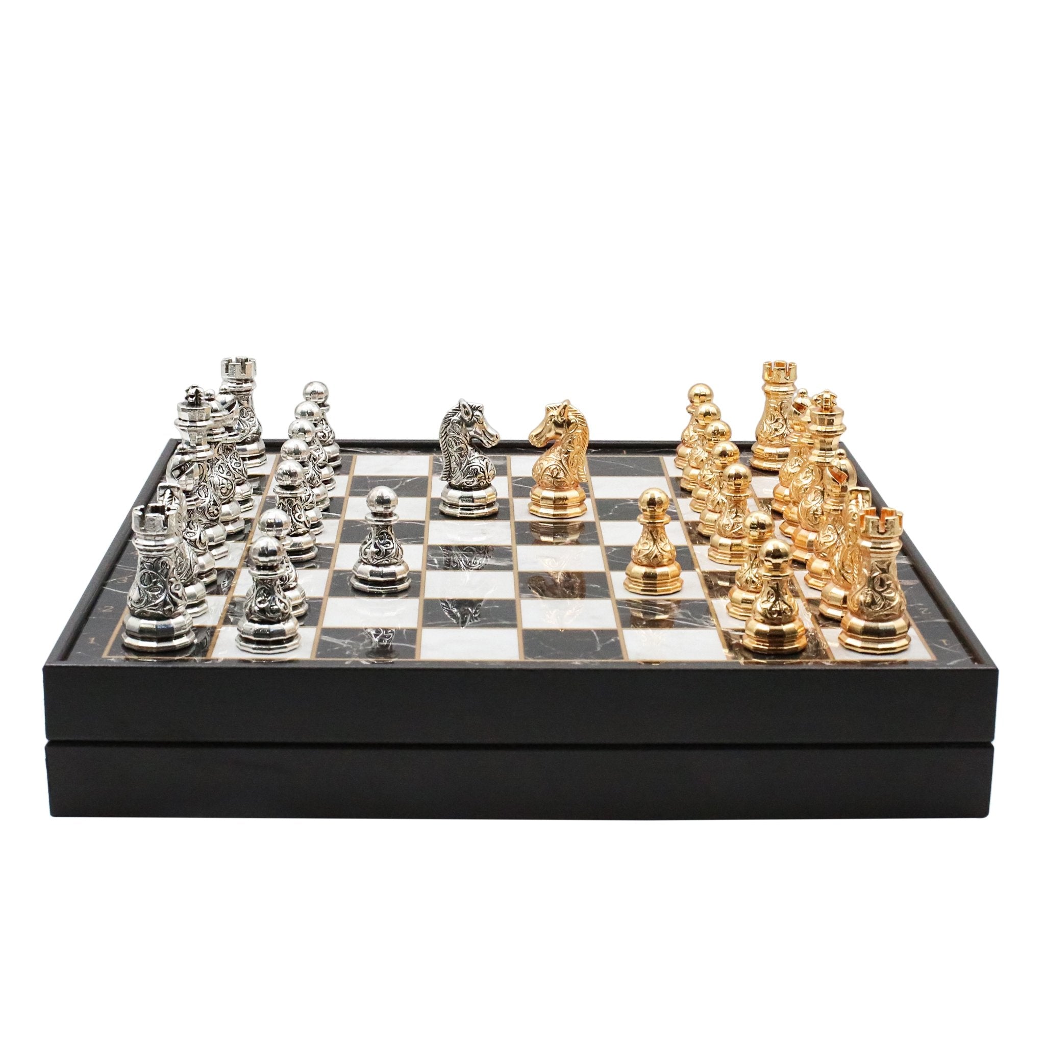 37 CM (15") Storage Chess Set with Metal Weighted Crystal Baroque Figures (Gold vs Silver) - Cooper Chess