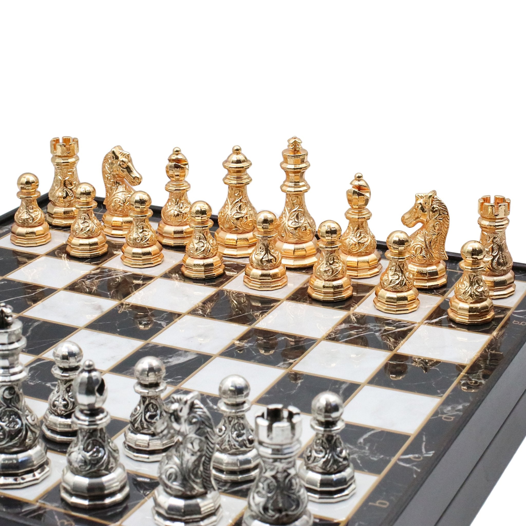 37 CM (15") Storage Chess Set with Metal Weighted Crystal Baroque Figures (Gold vs Silver) - Cooper Chess