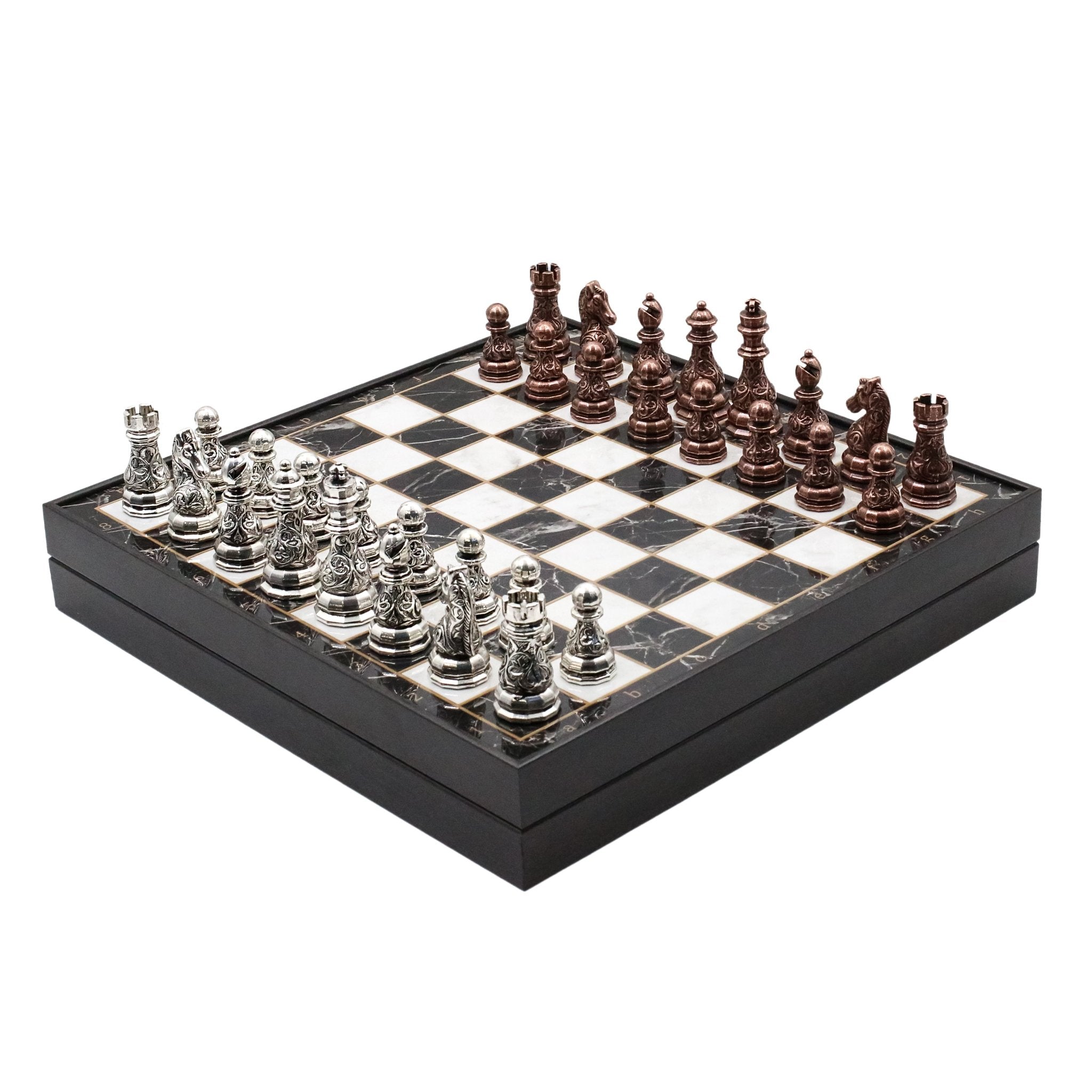 37 CM (15") Storage Chess Set with Metal Weighted Crystal Baroque Figures (Bronze vs Silver) - Cooper Chess