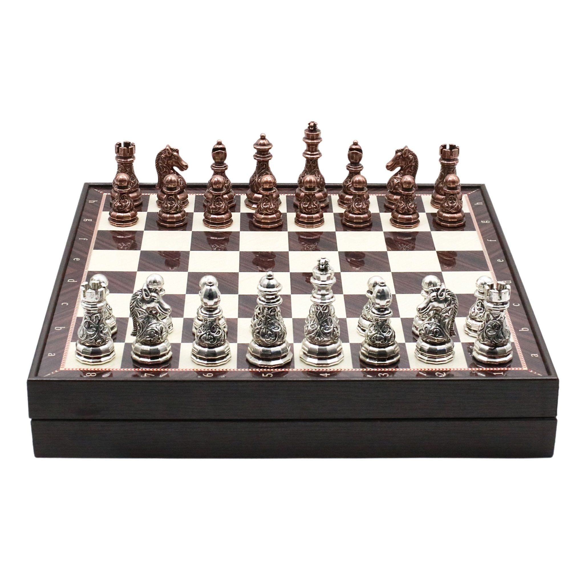 37 CM (15") Storage Chess Set with Metal Weighted Crystal Baroque Figures (Bronze vs Silver) - Cooper Chess