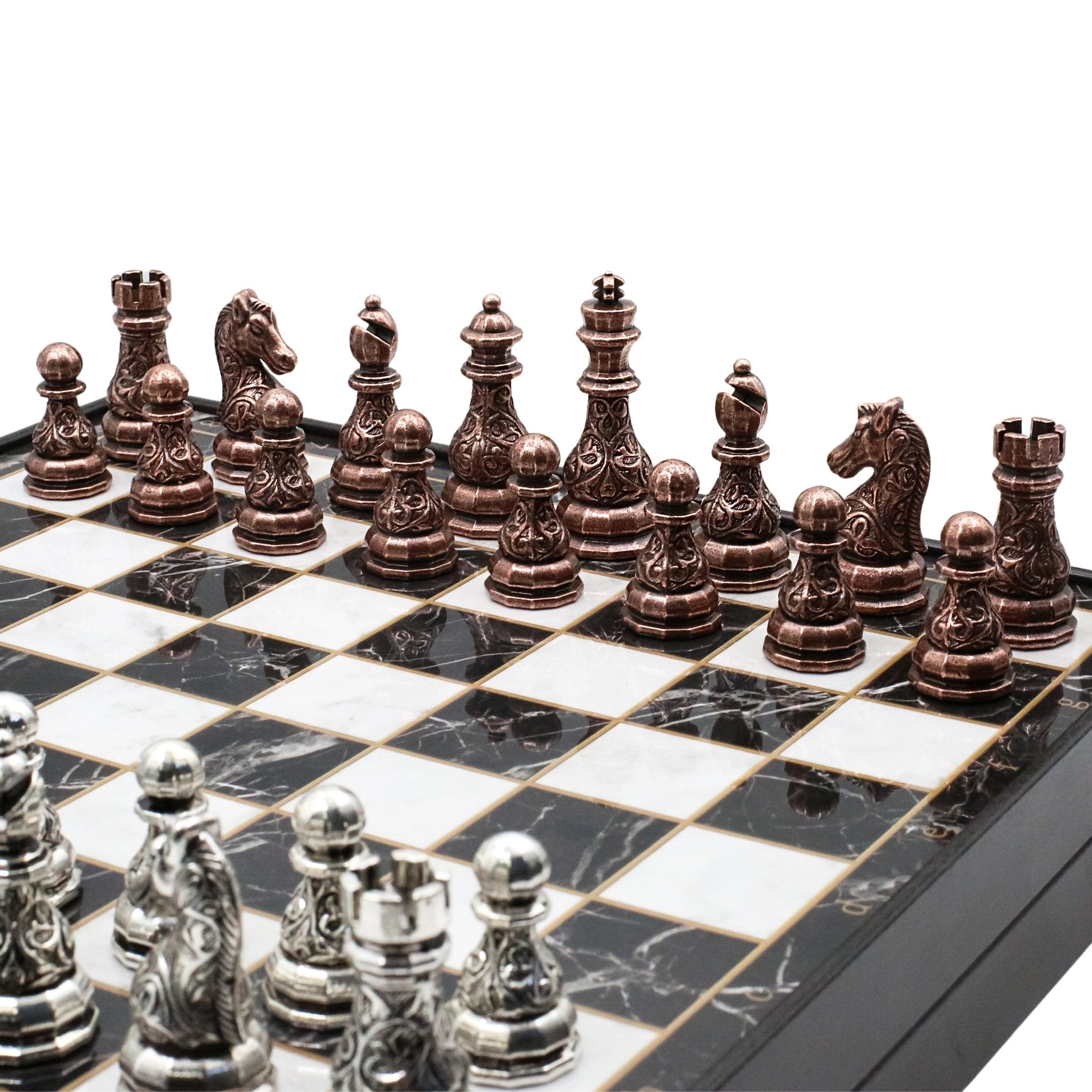 37 CM (15") Storage Chess Set with Metal Weighted Crystal Baroque Figures (Bronze vs Silver) - Cooper Chess