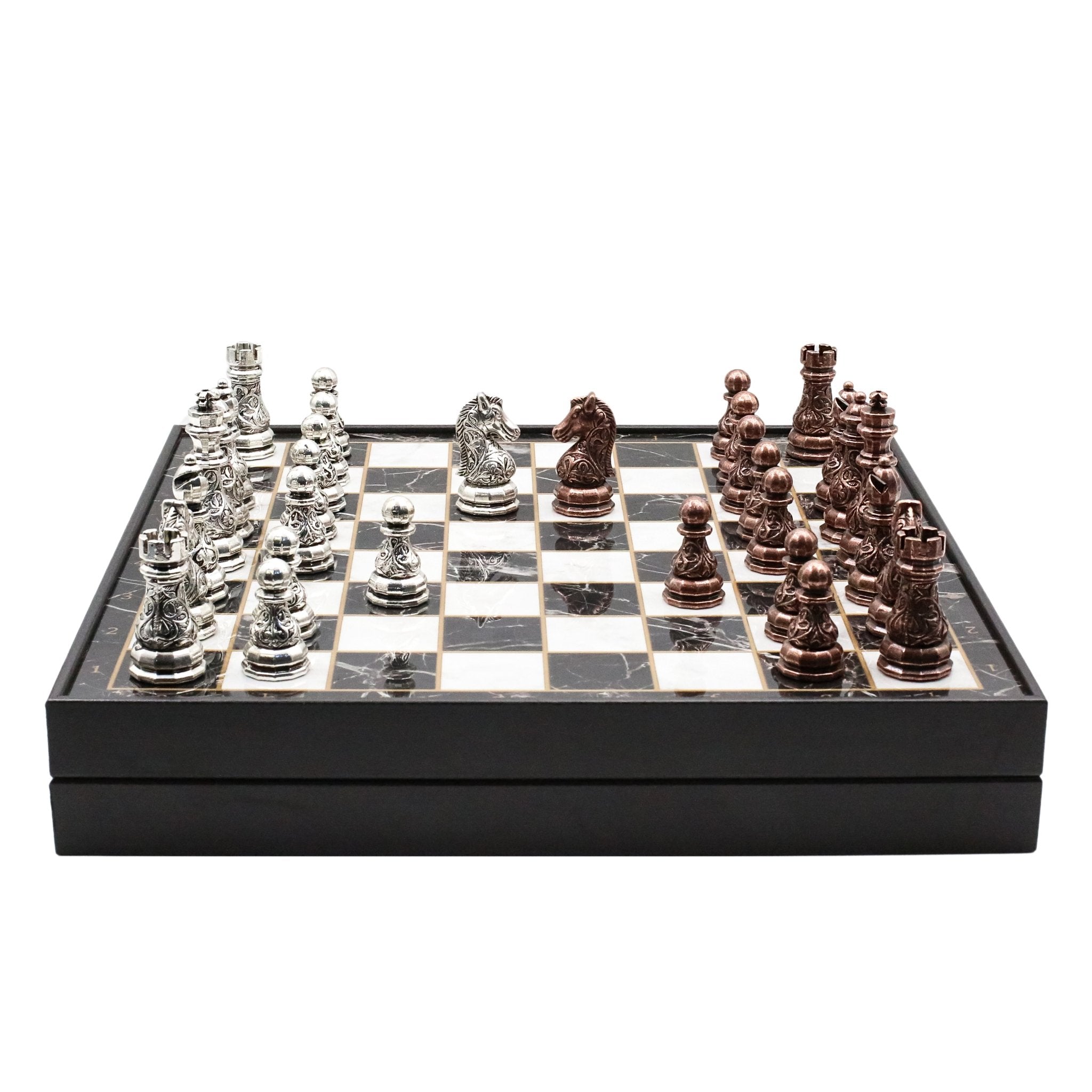 37 CM (15") Storage Chess Set with Metal Weighted Crystal Baroque Figures (Bronze vs Silver) - Cooper Chess