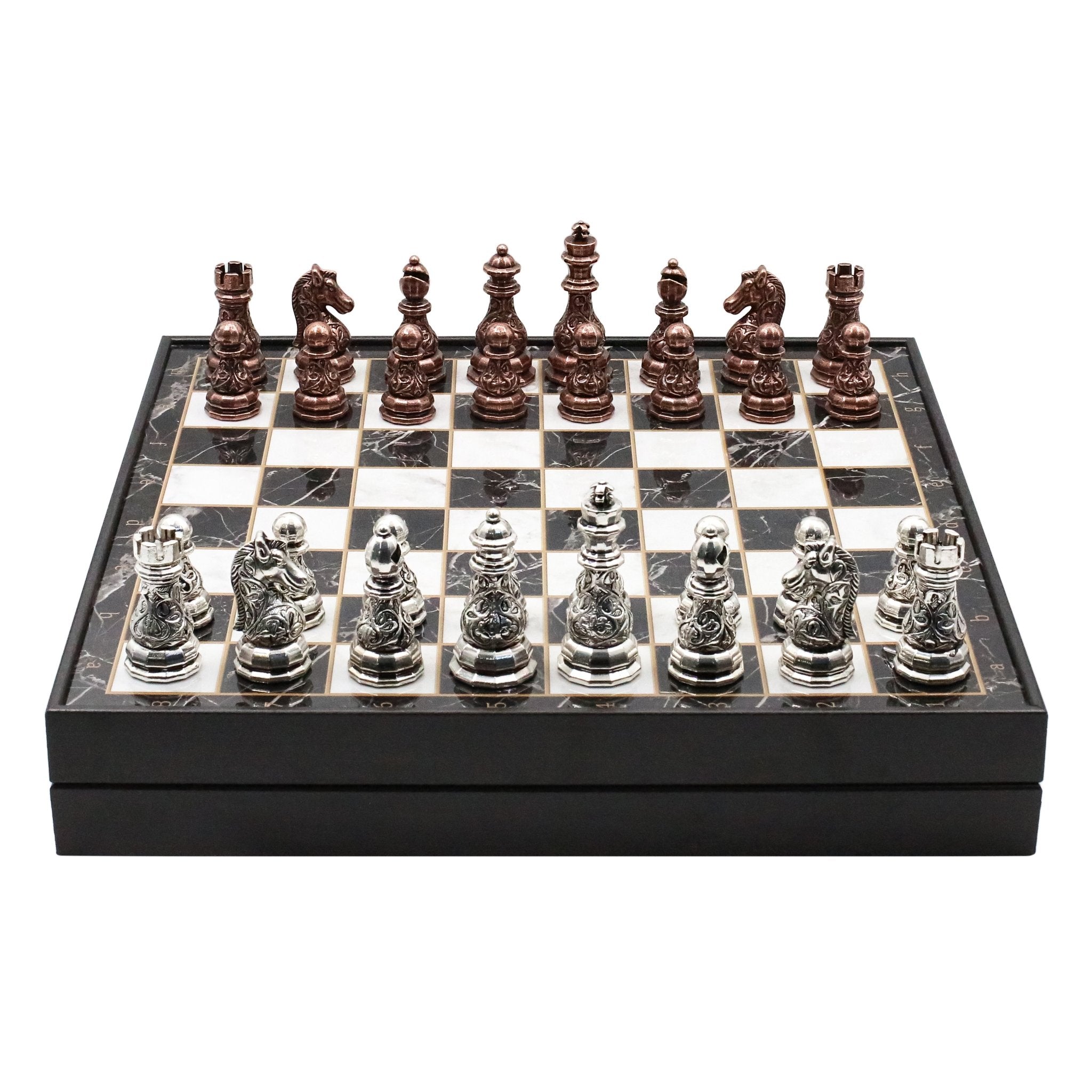 37 CM (15") Storage Chess Set with Metal Weighted Crystal Baroque Figures (Bronze vs Silver) - Cooper Chess