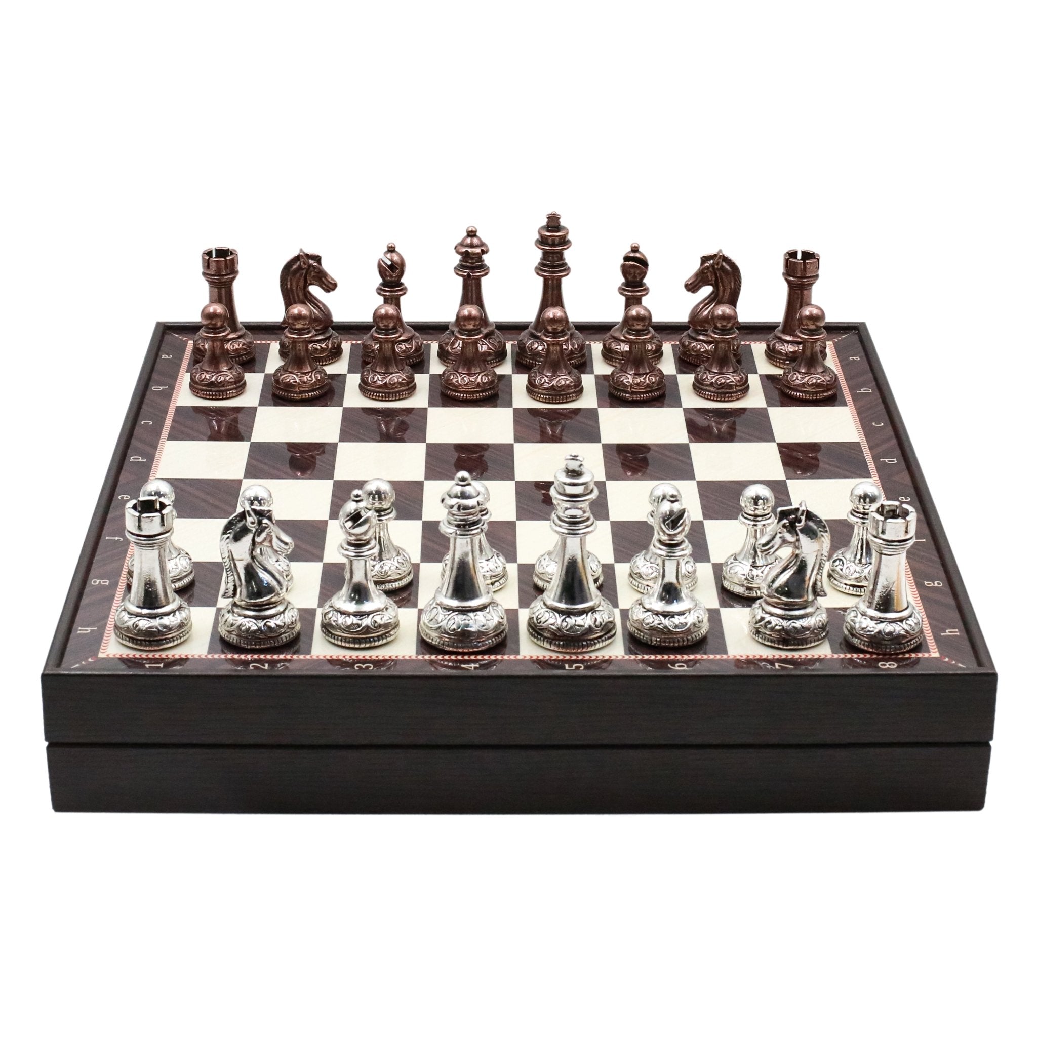 37 CM (15") Storage Chess Set with Metal Weighted Classic Baroque Figures (Bronze vs Silver) - Cooper Chess