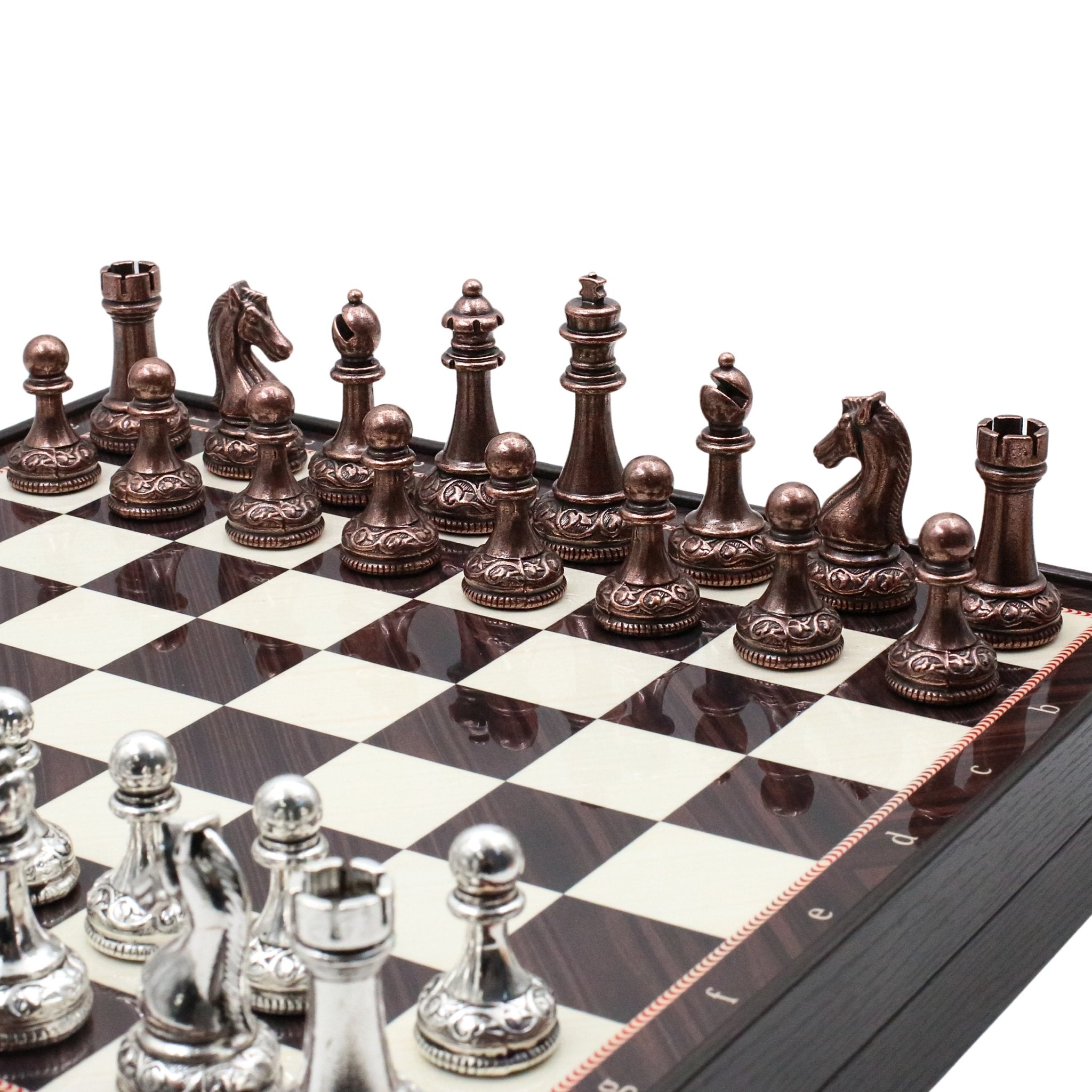 37 CM (15") Storage Chess Set with Metal Weighted Classic Baroque Figures (Bronze vs Silver) - Cooper Chess