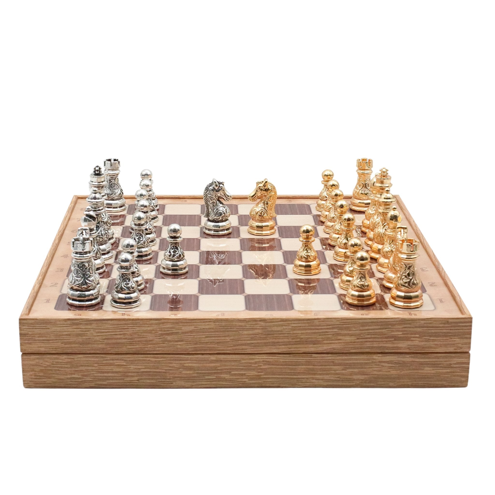 37 CM (15") Storage Chess Set with Metal Weighted Crystal Baroque Figures (Gold vs Silver) - Cooper Chess