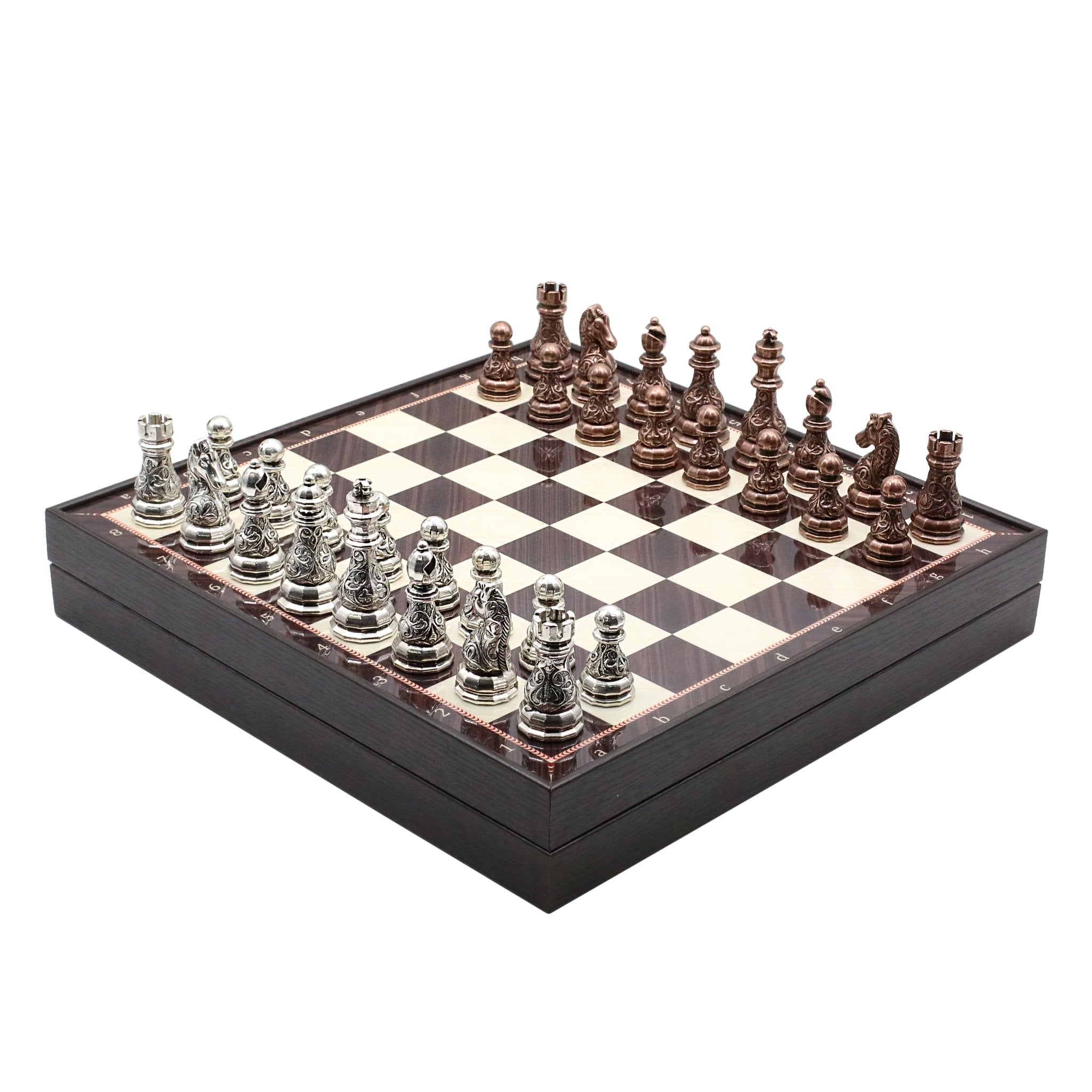 37 CM (15") Storage Chess Set with Metal Weighted Crystal Baroque Figures (Bronze vs Silver) - Cooper Chess