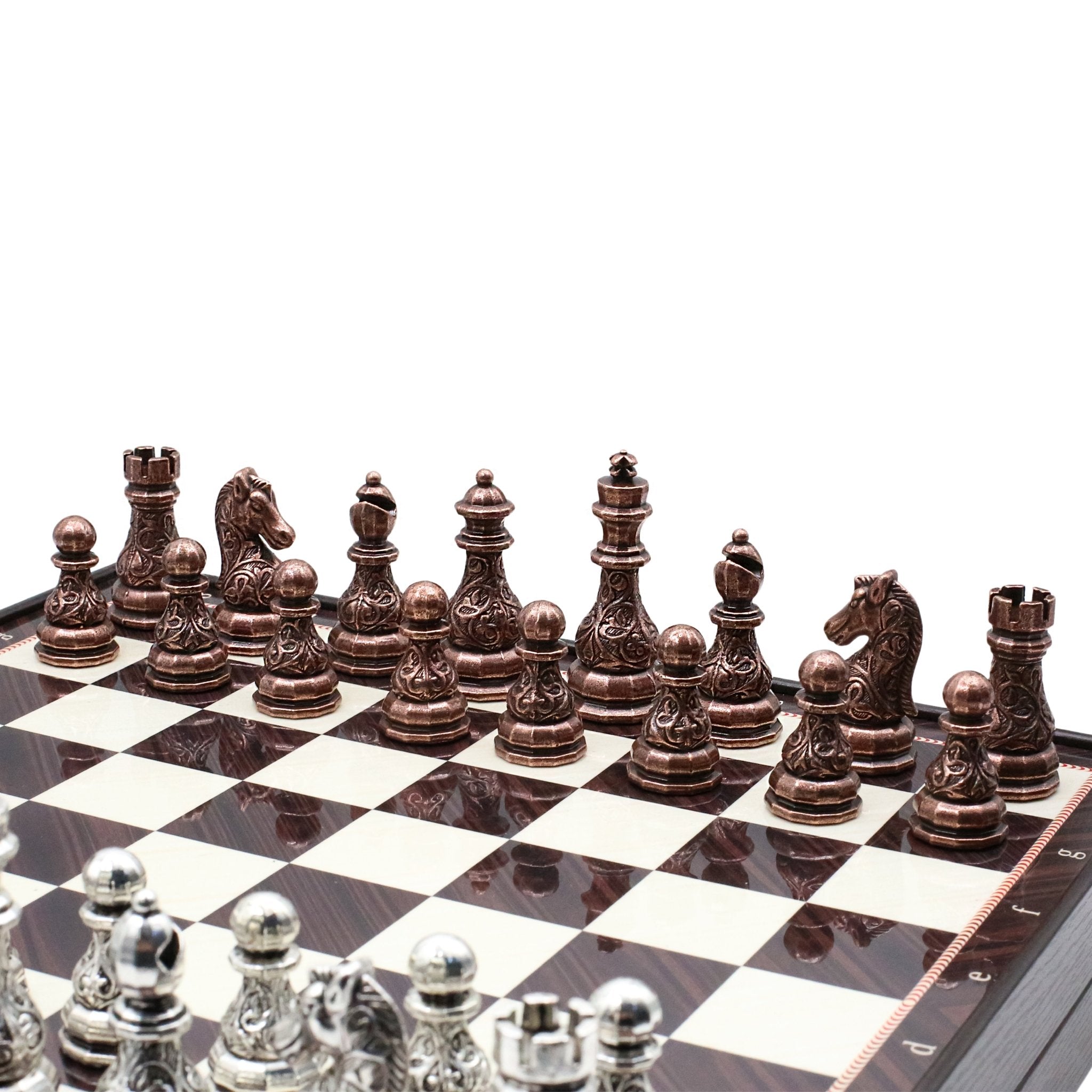 37 CM (15") Storage Chess Set with Metal Weighted Crystal Baroque Figures (Bronze vs Silver) - Cooper Chess