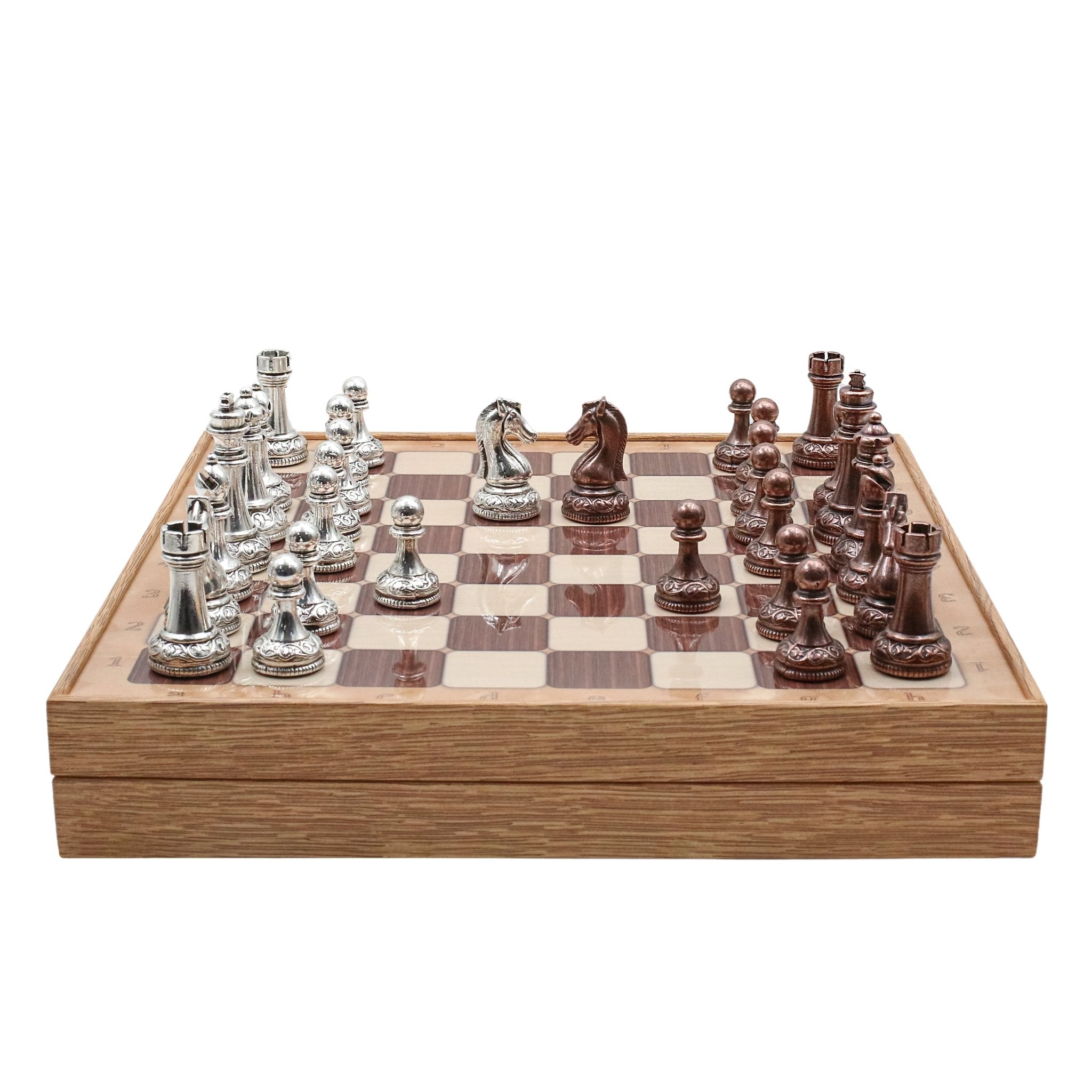 37 CM (15") Storage Chess Set with Metal Weighted Classic Baroque Figures (Bronze vs Silver) - Cooper Chess
