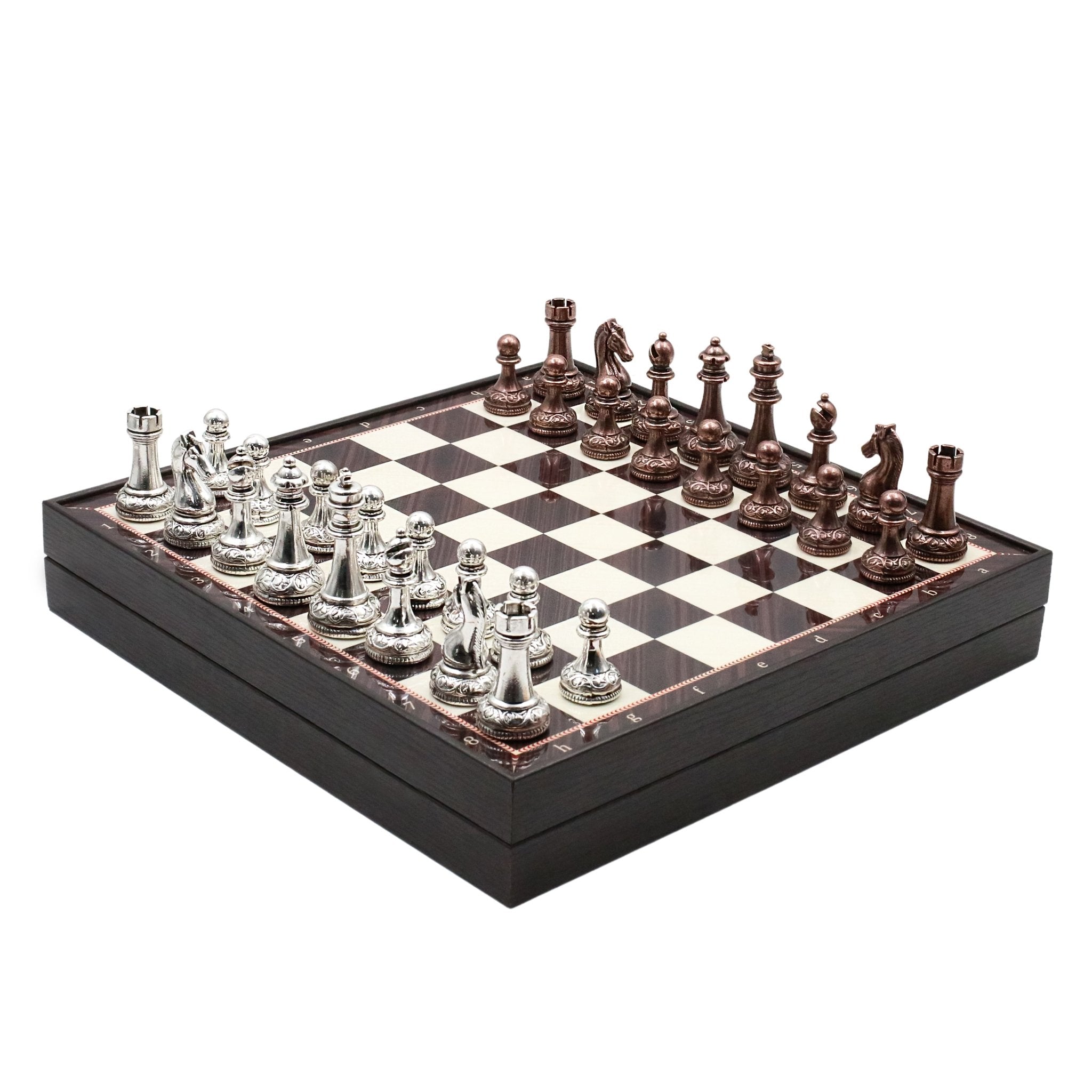 37 CM (15") Storage Chess Set with Metal Weighted Classic Baroque Figures (Bronze vs Silver) - Cooper Chess
