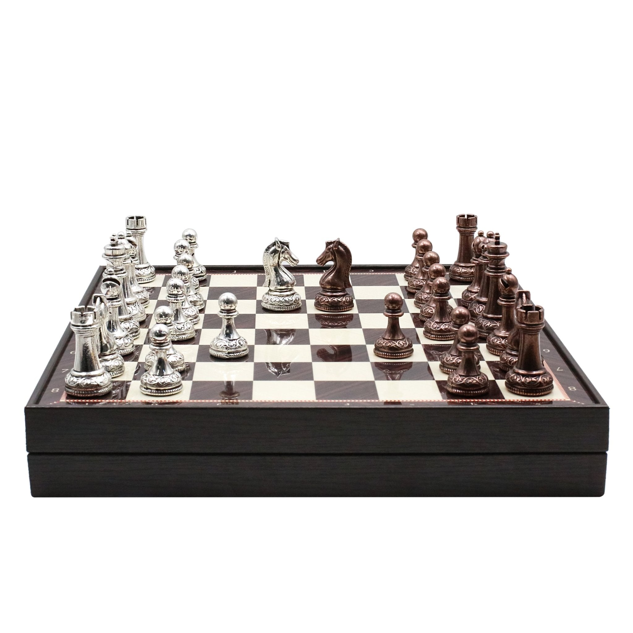 37 CM (15") Storage Chess Set with Metal Weighted Classic Baroque Figures (Bronze vs Silver) - Cooper Chess