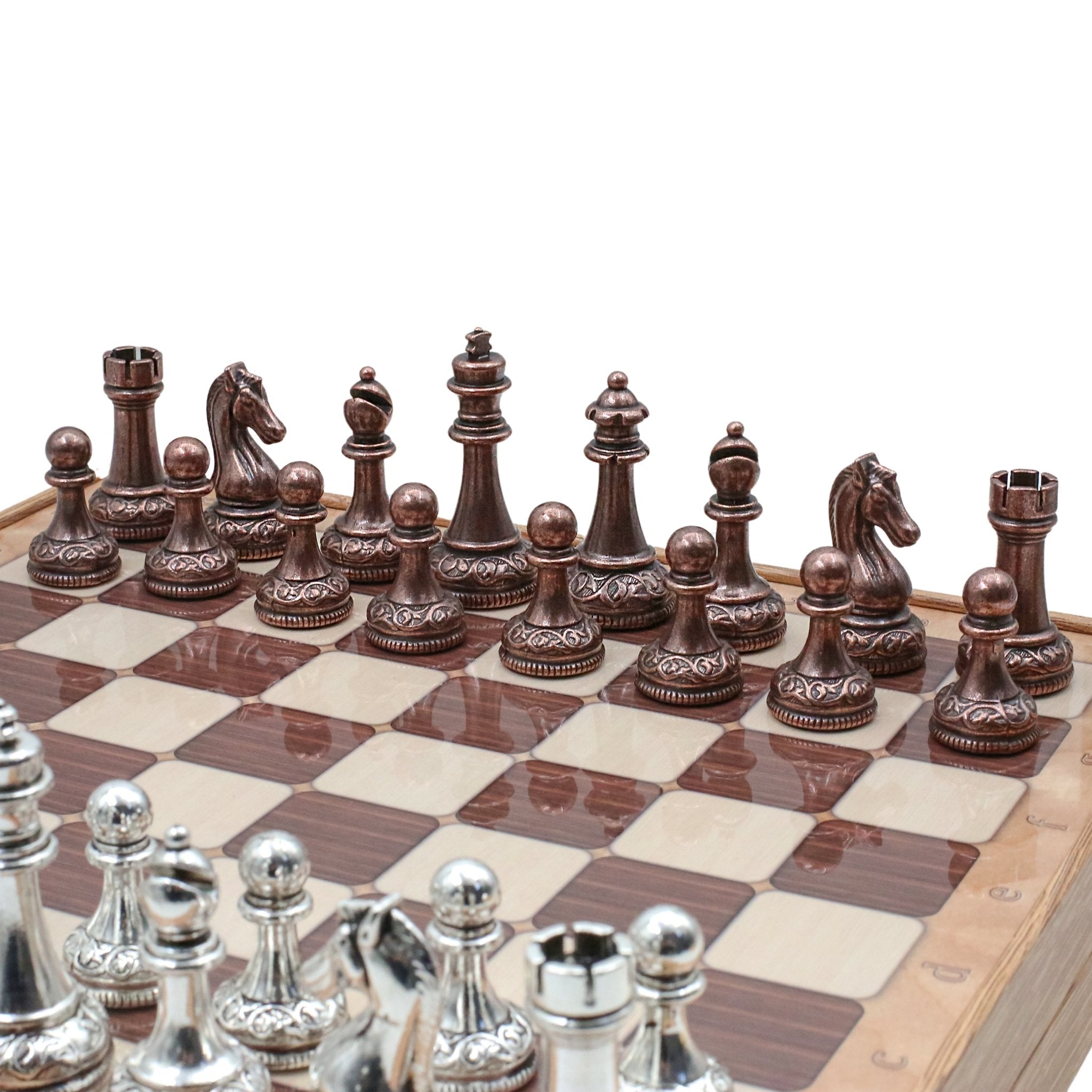 37 CM (15") Storage Chess Set with Metal Weighted Classic Baroque Figures (Bronze vs Silver) - Cooper Chess