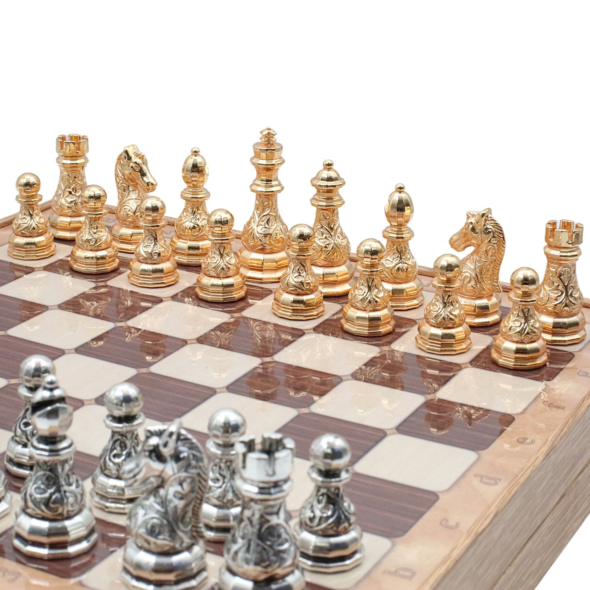 37 CM (15") Storage Chess Set with Metal Weighted Crystal Baroque Figures (Gold vs Silver) - Cooper Chess