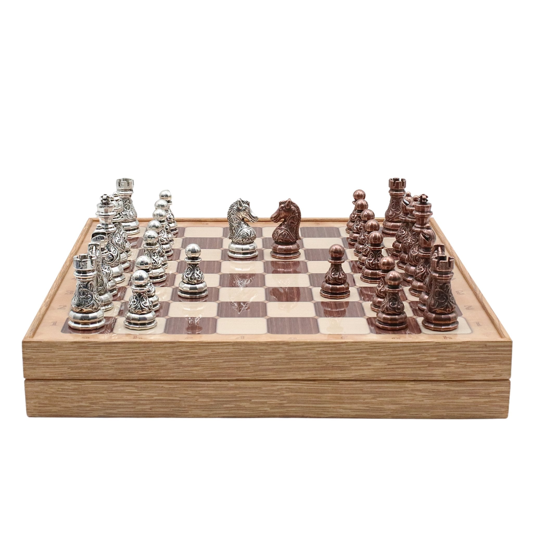 37 CM (15") Storage Chess Set with Metal Weighted Crystal Baroque Figures (Bronze vs Silver) - Cooper Chess