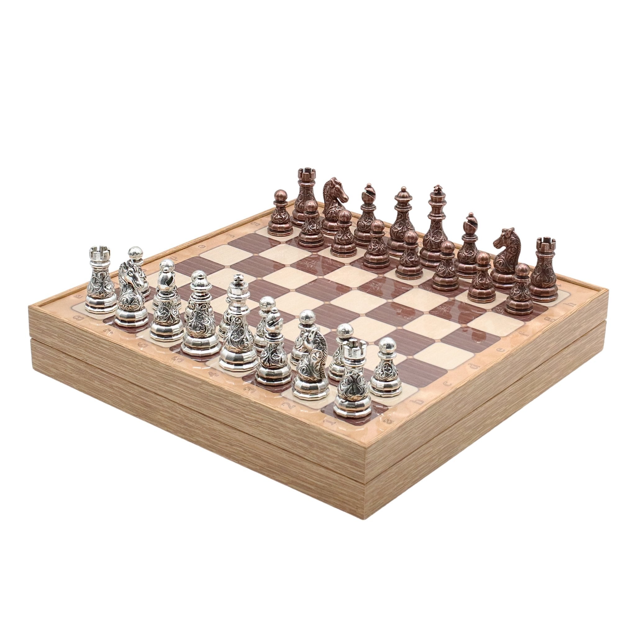 37 CM (15") Storage Chess Set with Metal Weighted Crystal Baroque Figures (Bronze vs Silver) - Cooper Chess