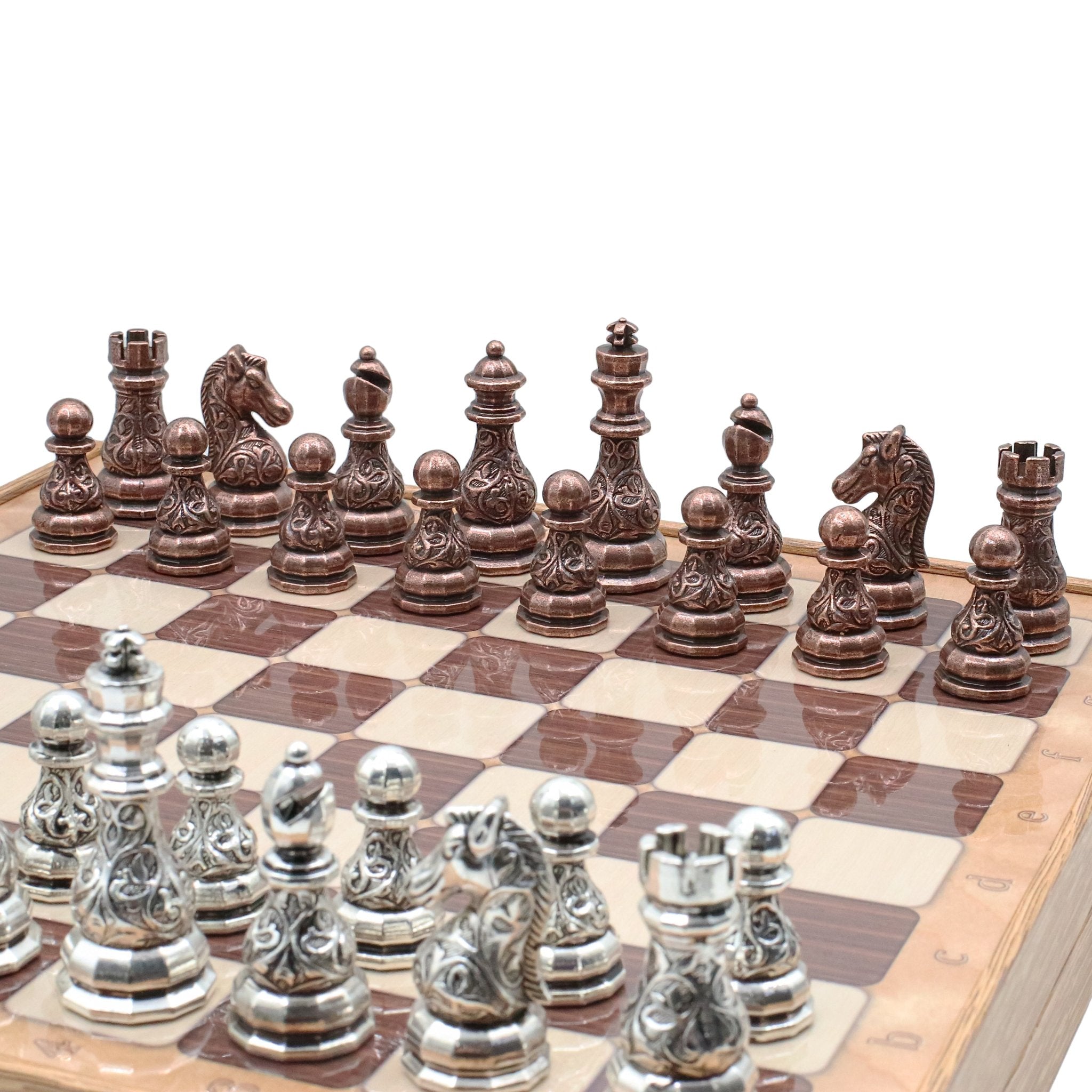 37 CM (15") Storage Chess Set with Metal Weighted Crystal Baroque Figures (Bronze vs Silver) - Cooper Chess