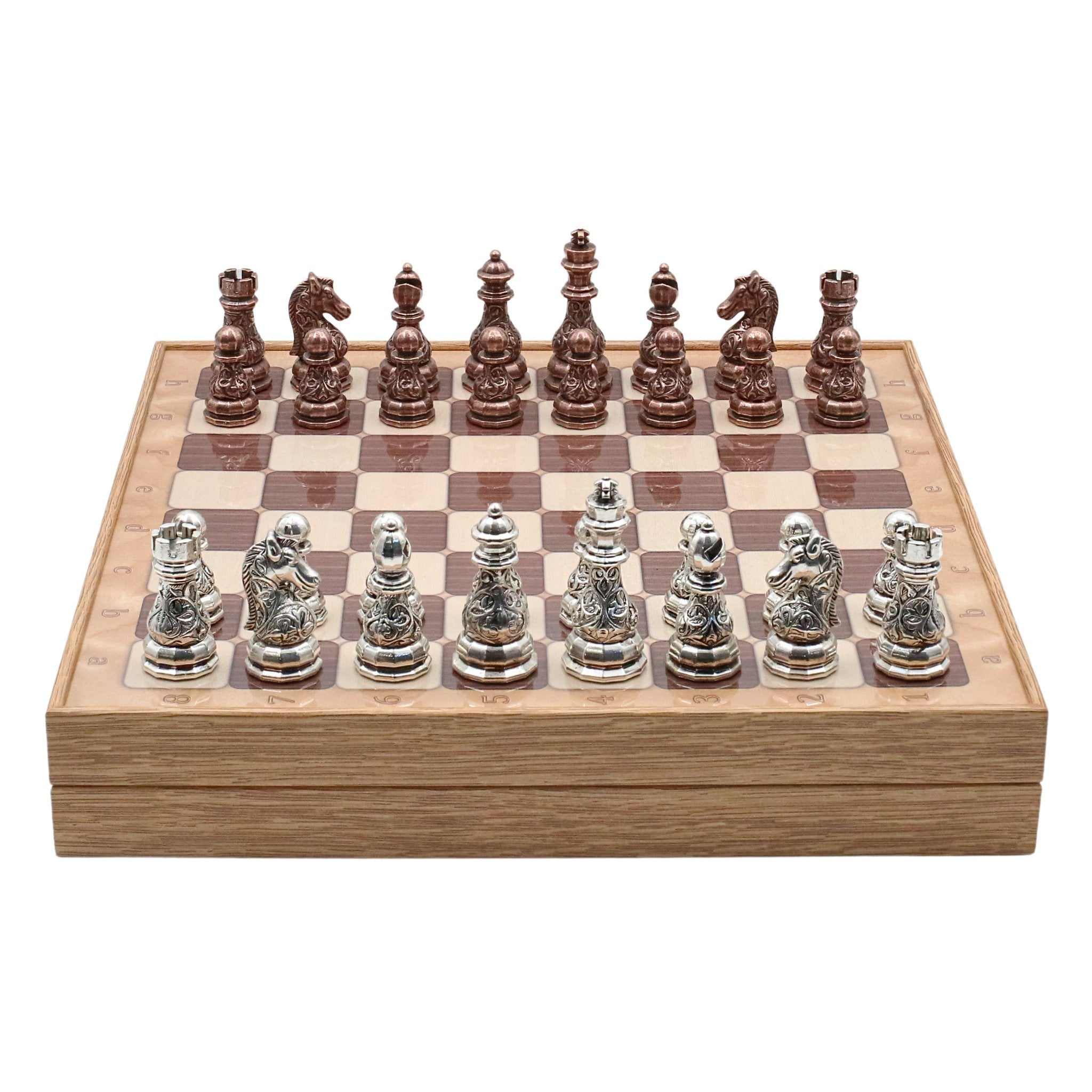 37 CM (15") Storage Chess Set with Metal Weighted Crystal Baroque Figures (Bronze vs Silver) - Cooper Chess