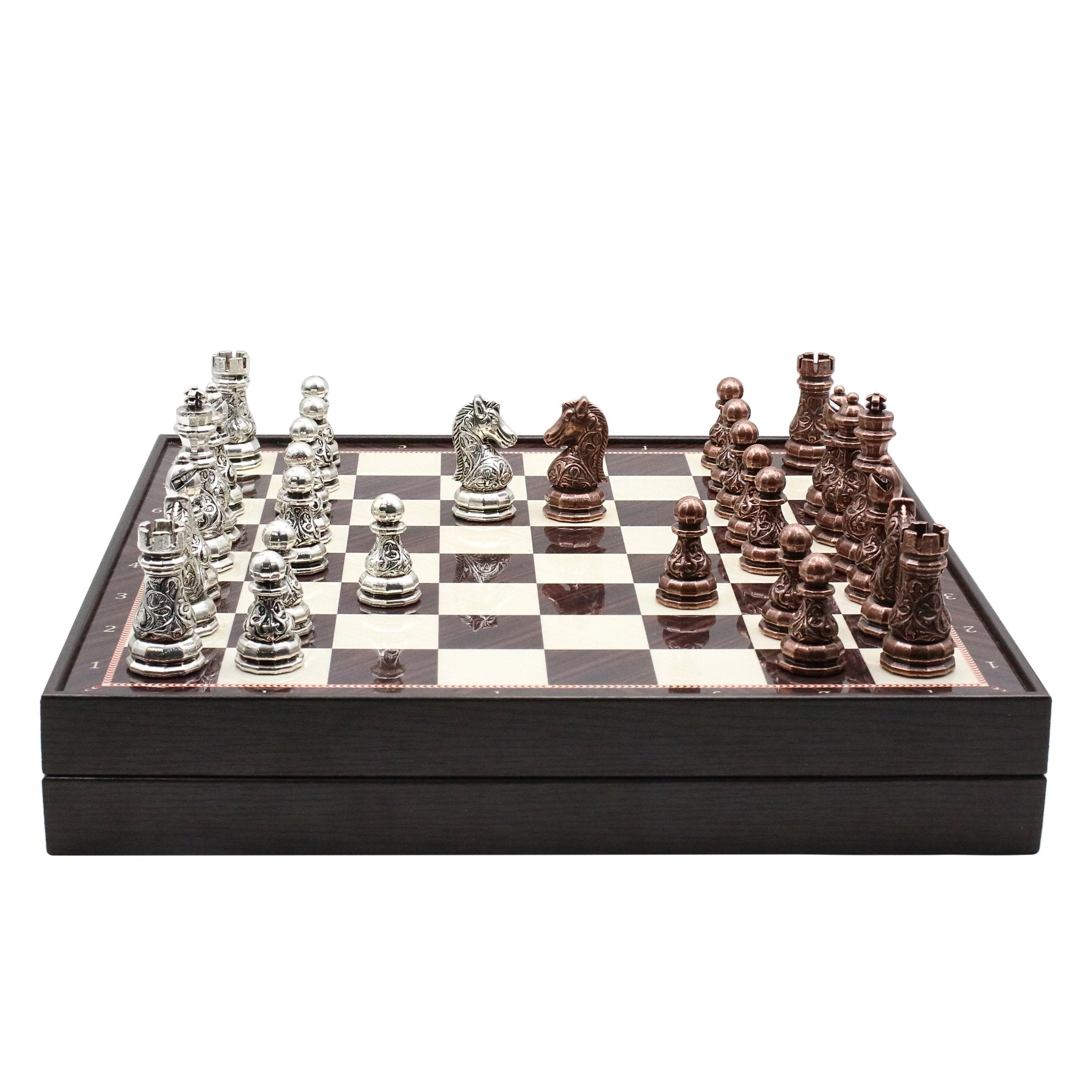 37 CM (15") Storage Chess Set with Metal Weighted Crystal Baroque Figures (Bronze vs Silver) - Cooper Chess