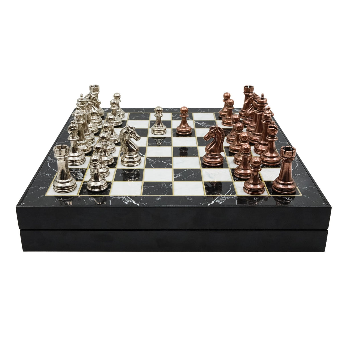 30 CM (12") Storage Chess Set with Metal Weighted Staunton Figures (Bronze vs Silver) - Cooper Chess
