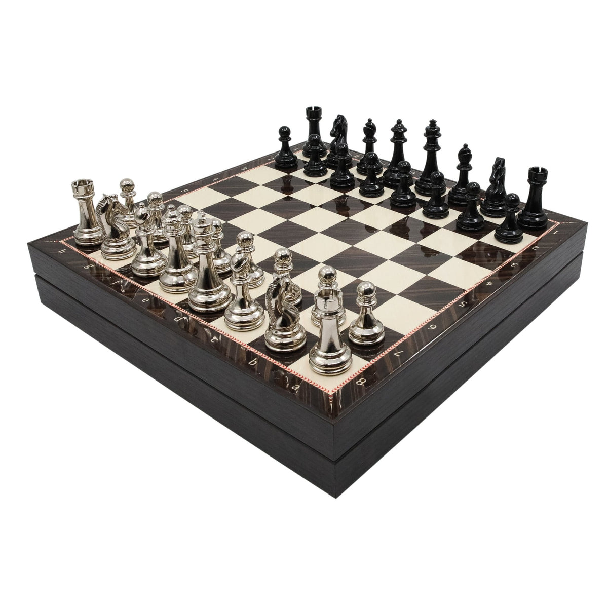 30 CM (12") Storage Chess Set with Metal Weighted Staunton Figures (Black vs Silver) - Cooper Chess