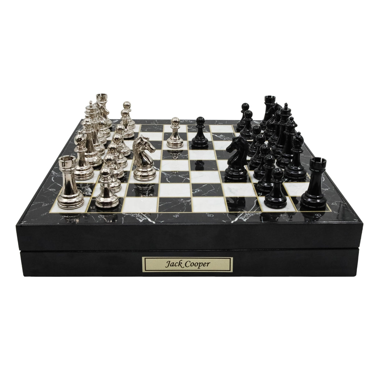 30 CM (12") Storage Chess Set with Metal Weighted Staunton Figures (Black vs Silver) - Cooper Chess