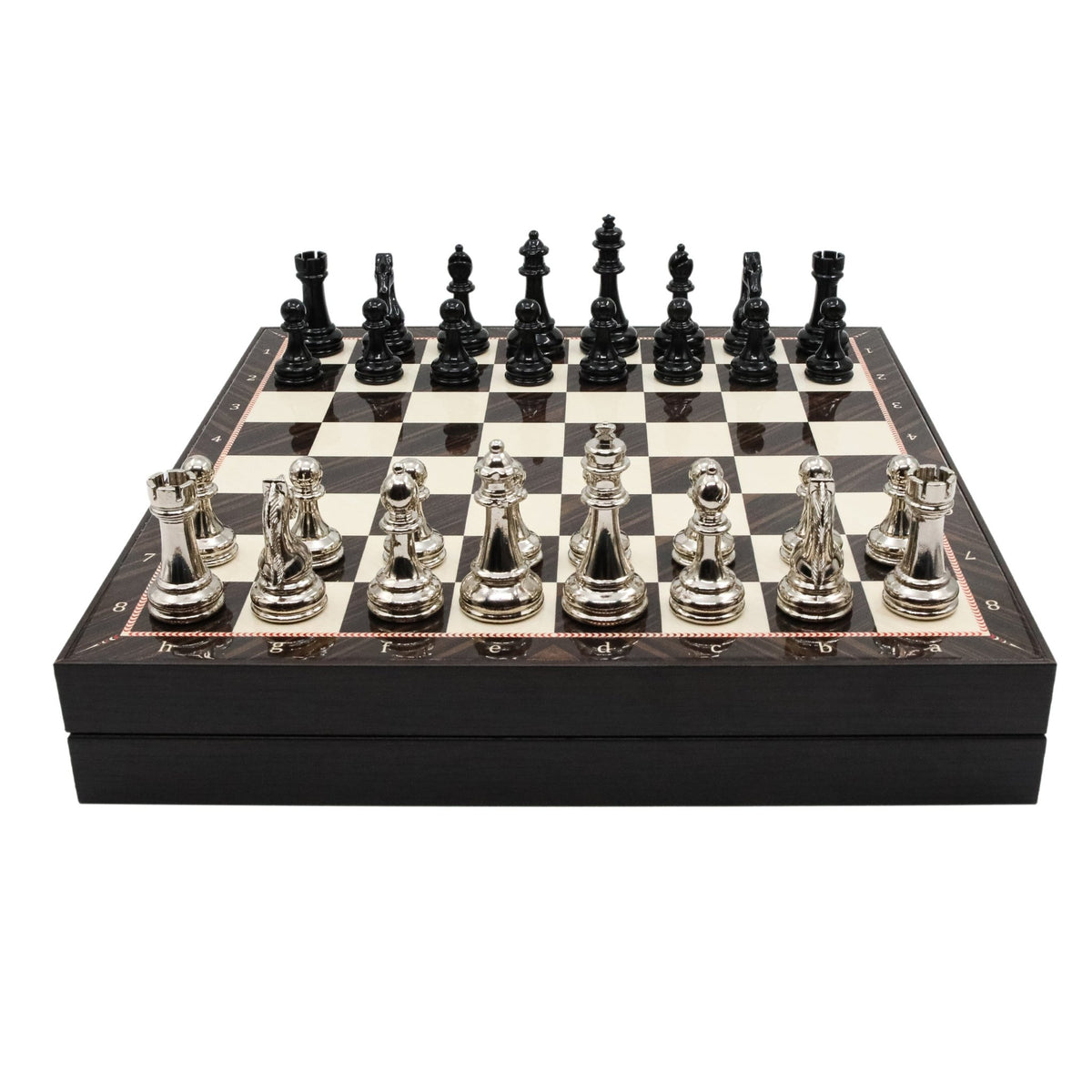 30 CM (12") Storage Chess Set with Metal Weighted Staunton Figures (Black vs Silver) - Cooper Chess
