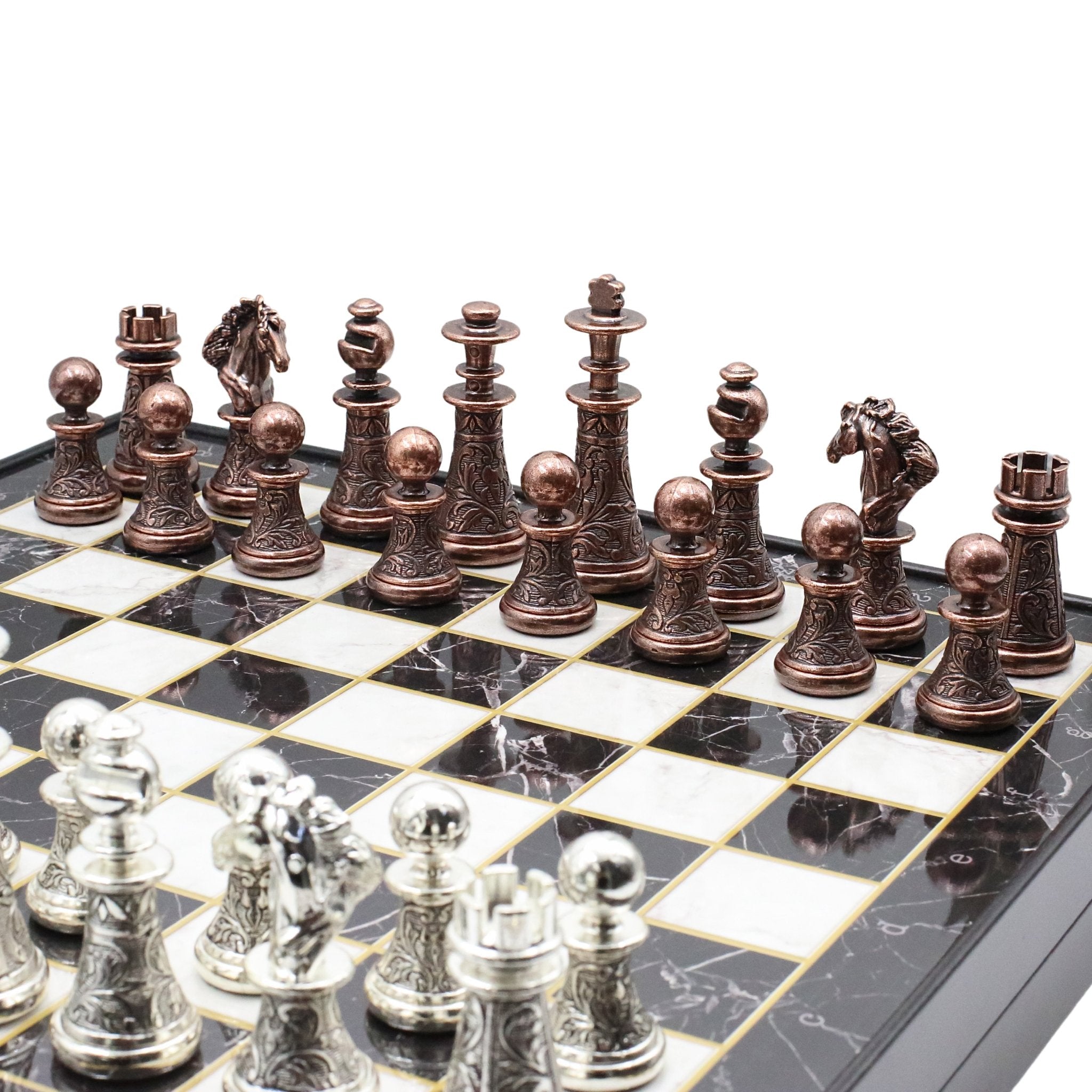 42 CM (16") XL Storage Chess Set with Metal Weighted Luxury Baroque Figures (Bronze vs Silver) - Cooper Chess