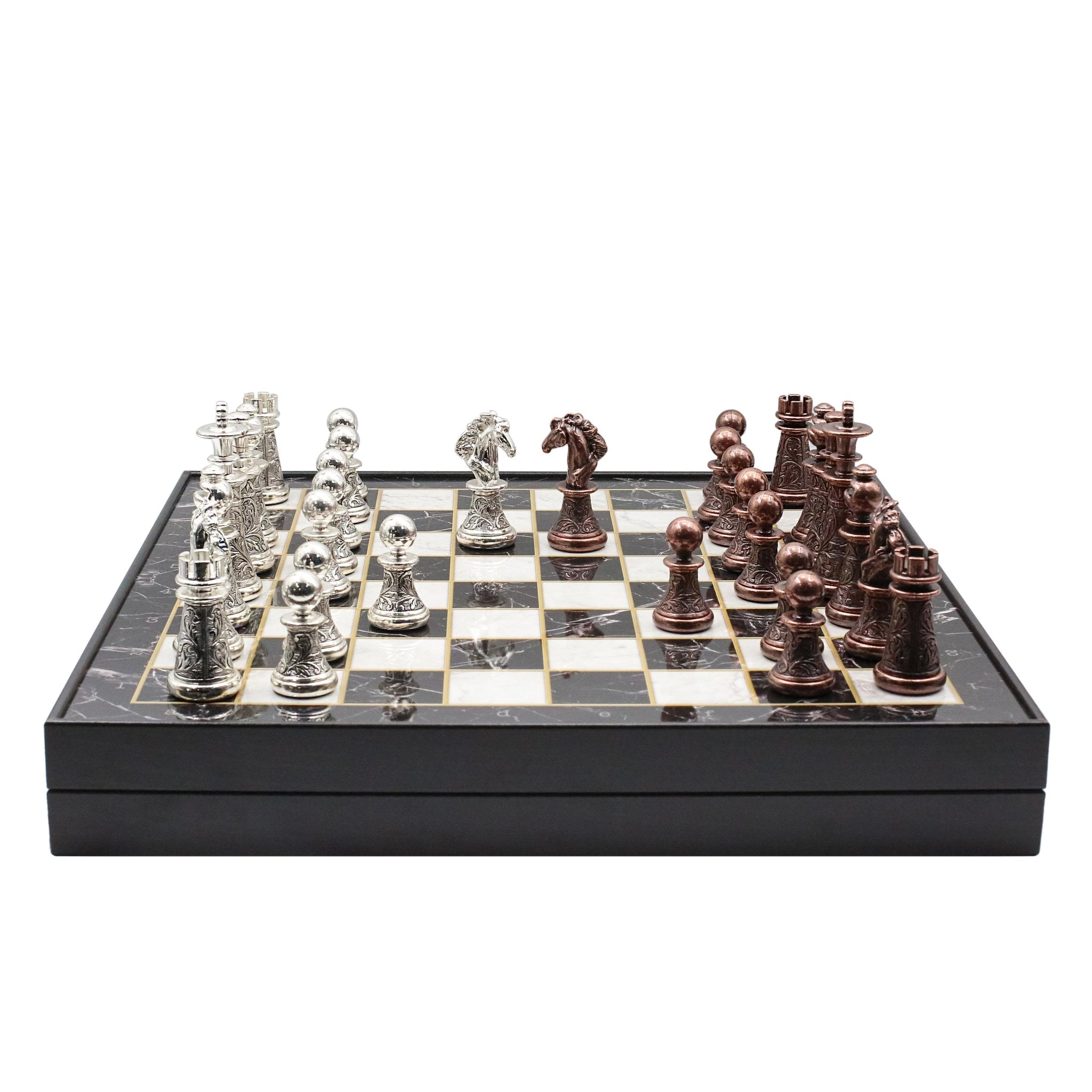 42 CM (16") XL Storage Chess Set with Metal Weighted Luxury Baroque Figures (Bronze vs Silver) - Cooper Chess