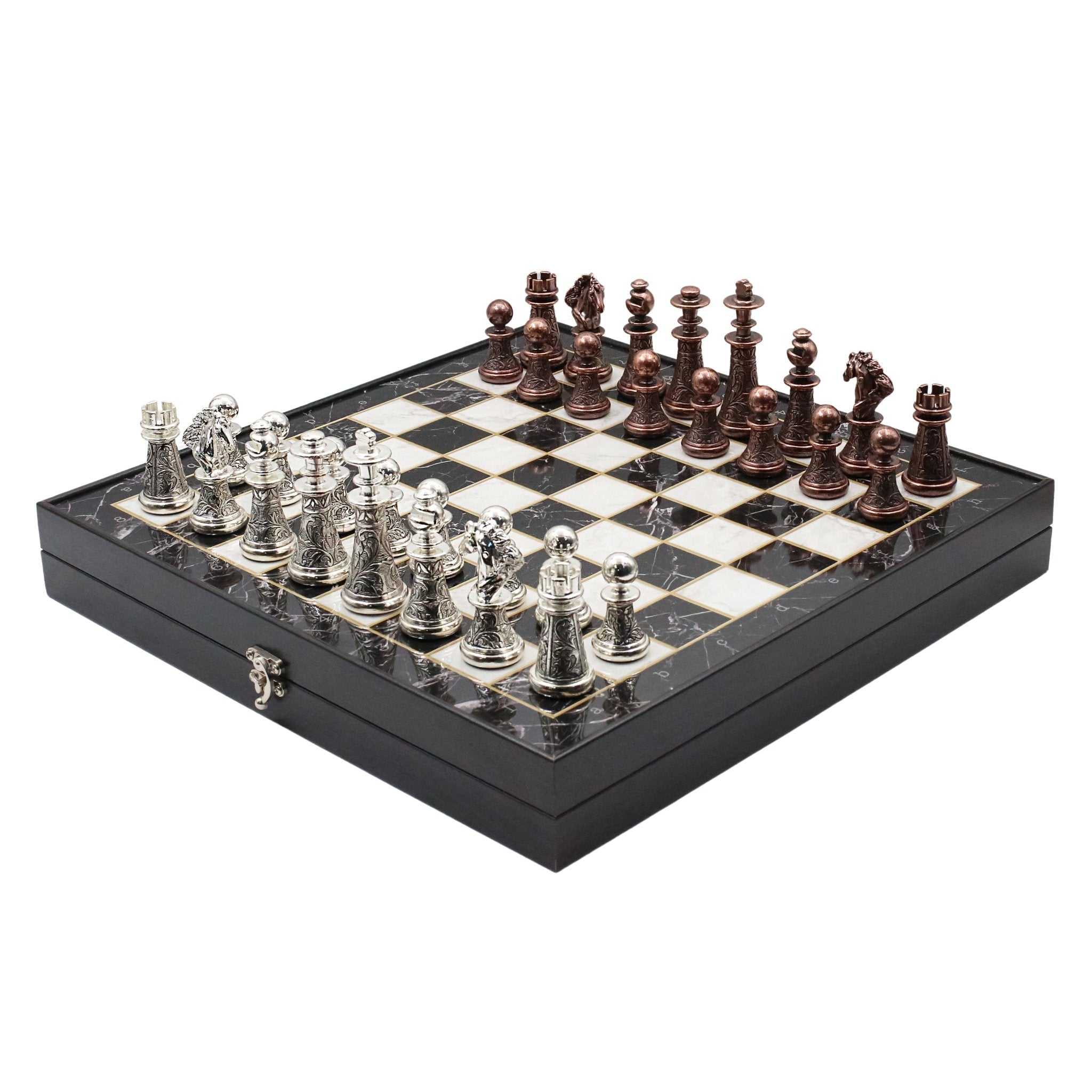 42 CM (16") XL Storage Chess Set with Metal Weighted Luxury Baroque Figures (Bronze vs Silver) - Cooper Chess