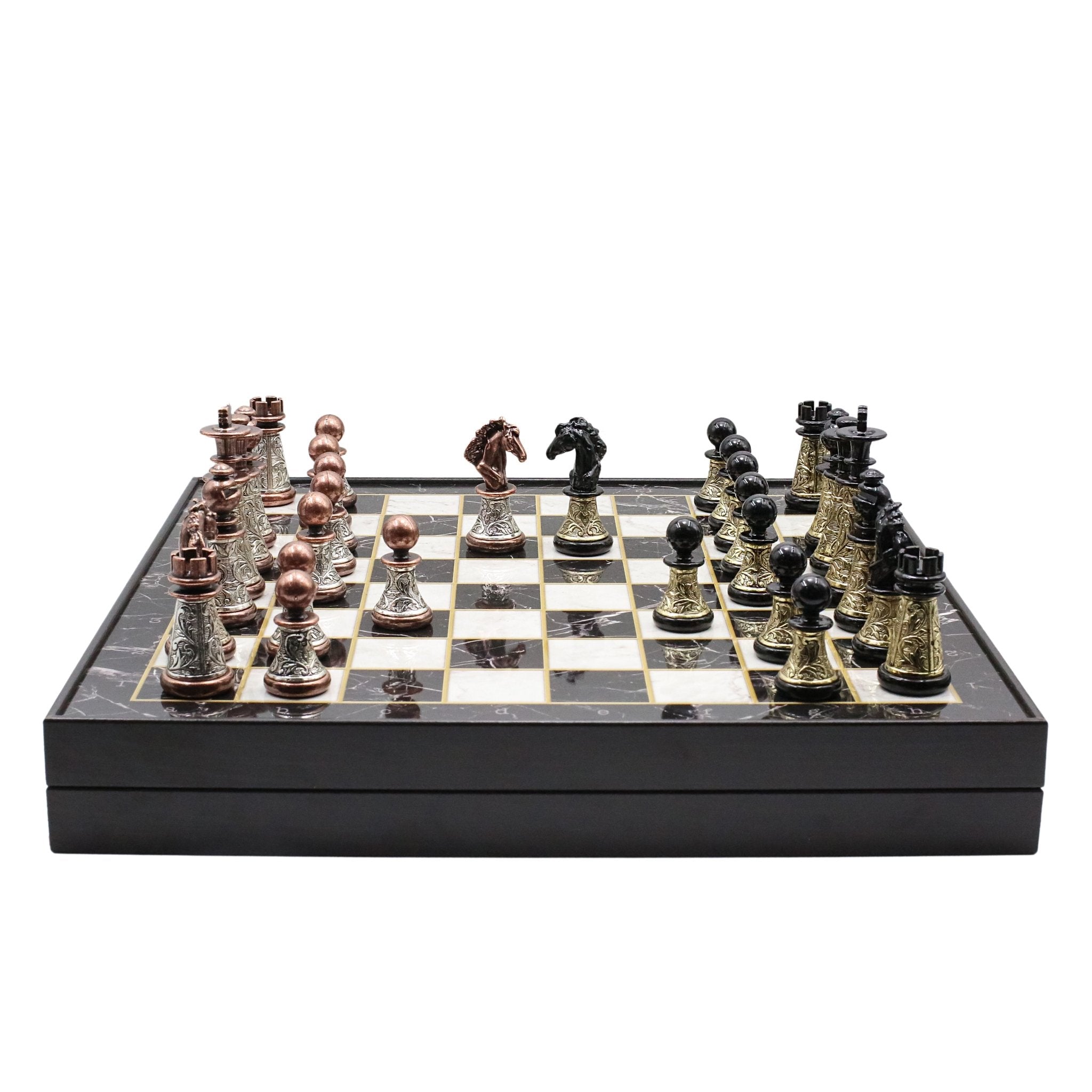 42 CM (16") XL Storage Chess Set with Metal Weighted Luxury Baroque Figures (Black vs Bronze) - Cooper Chess