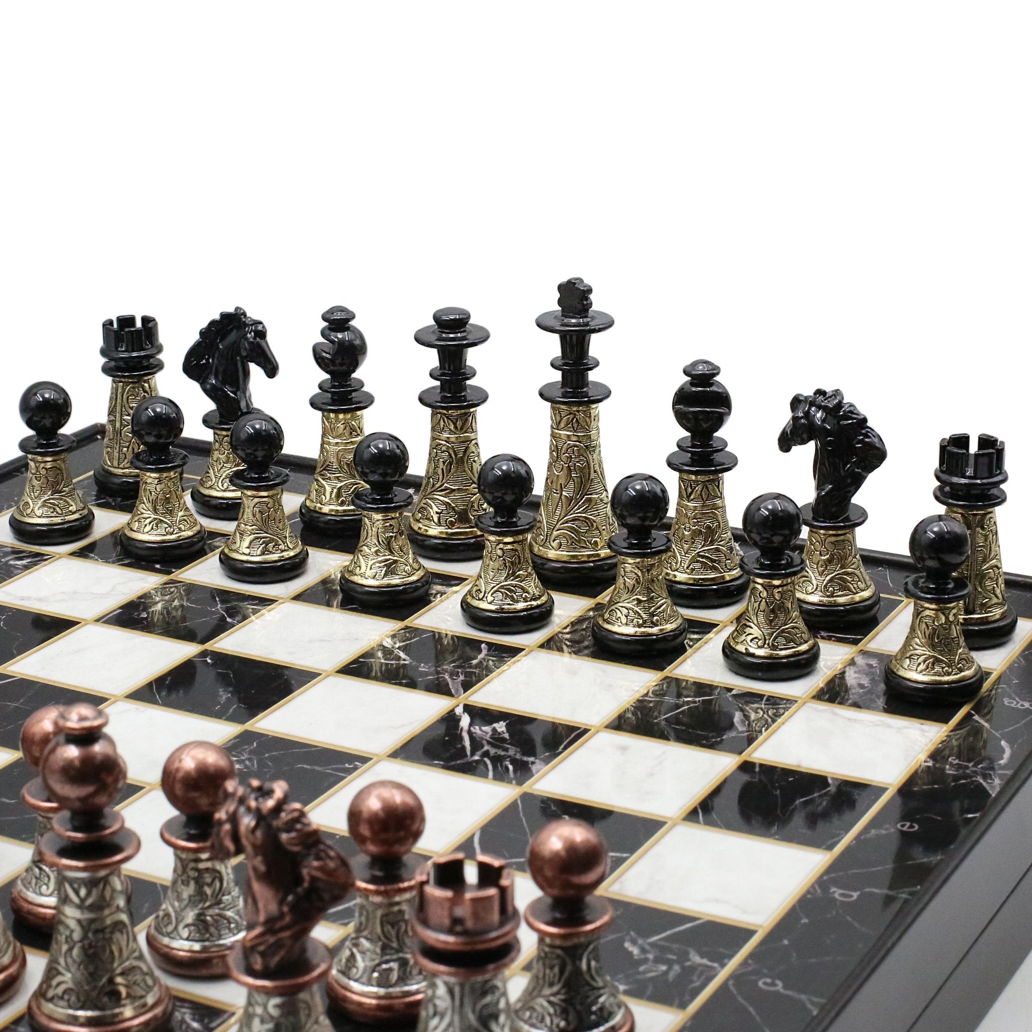 42 CM (16") XL Storage Chess Set with Metal Weighted Luxury Baroque Figures (Black vs Bronze) - Cooper Chess
