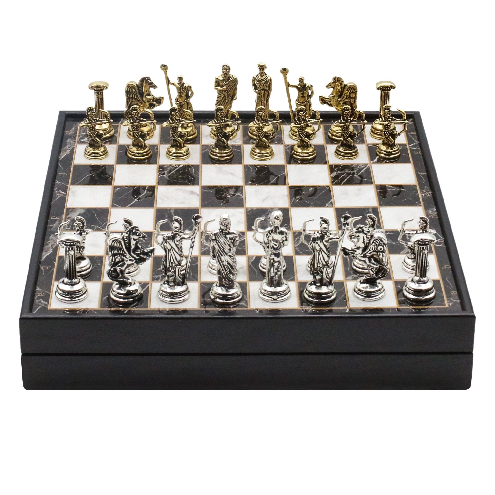 25 CM (10") Storage Chess Set with Metal Roman Archer Figures (Gold vs Silver) - Cooper Chess