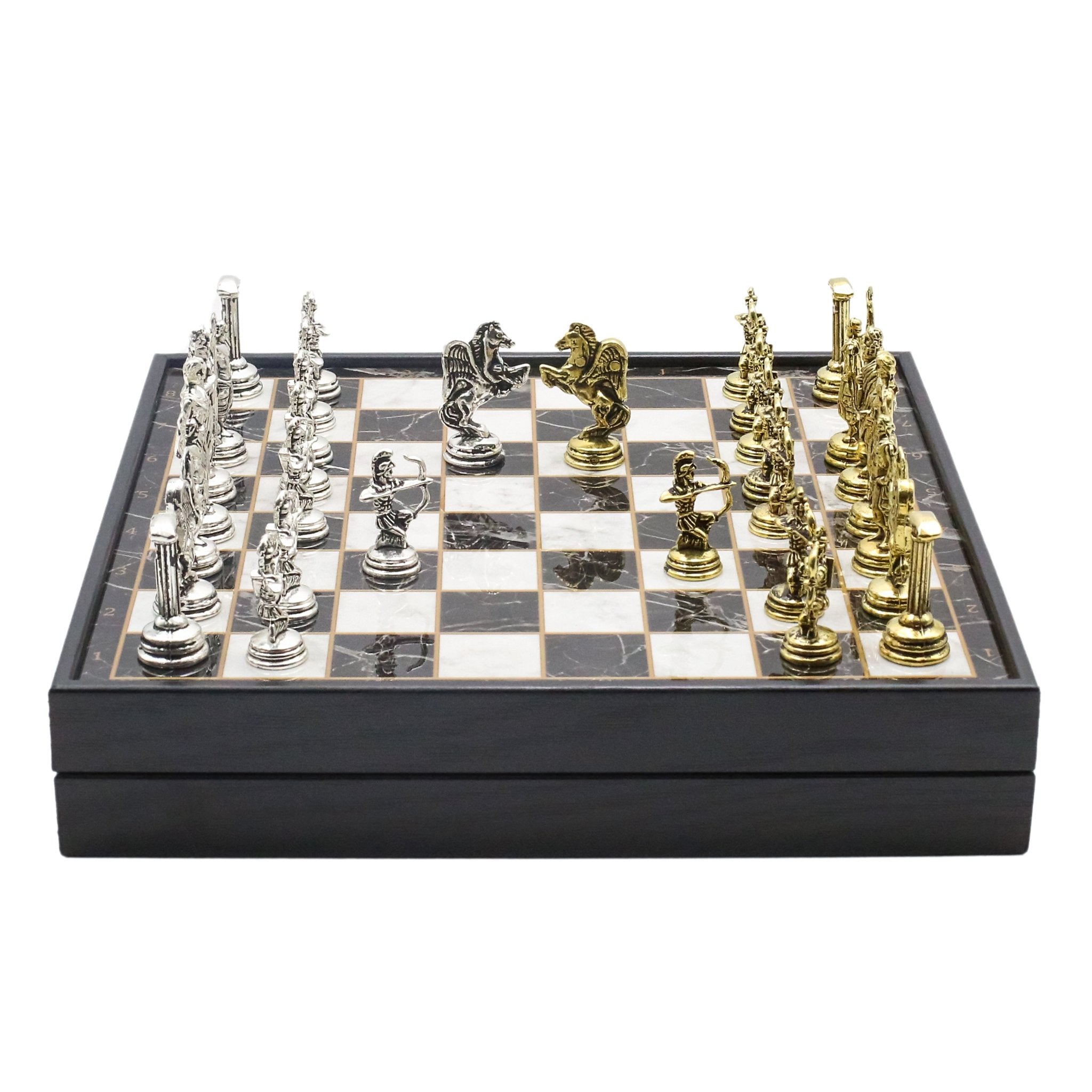 25 CM (10") Storage Chess Set with Metal Roman Archer Figures (Gold vs Silver) - Cooper Chess