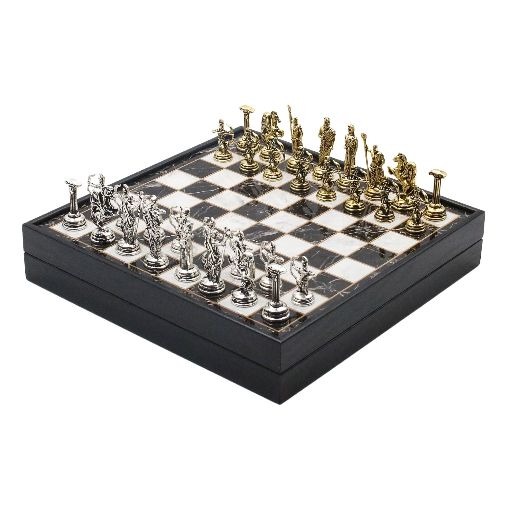 25 CM (10") Storage Chess Set with Metal Roman Archer Figures (Gold vs Silver) - Cooper Chess