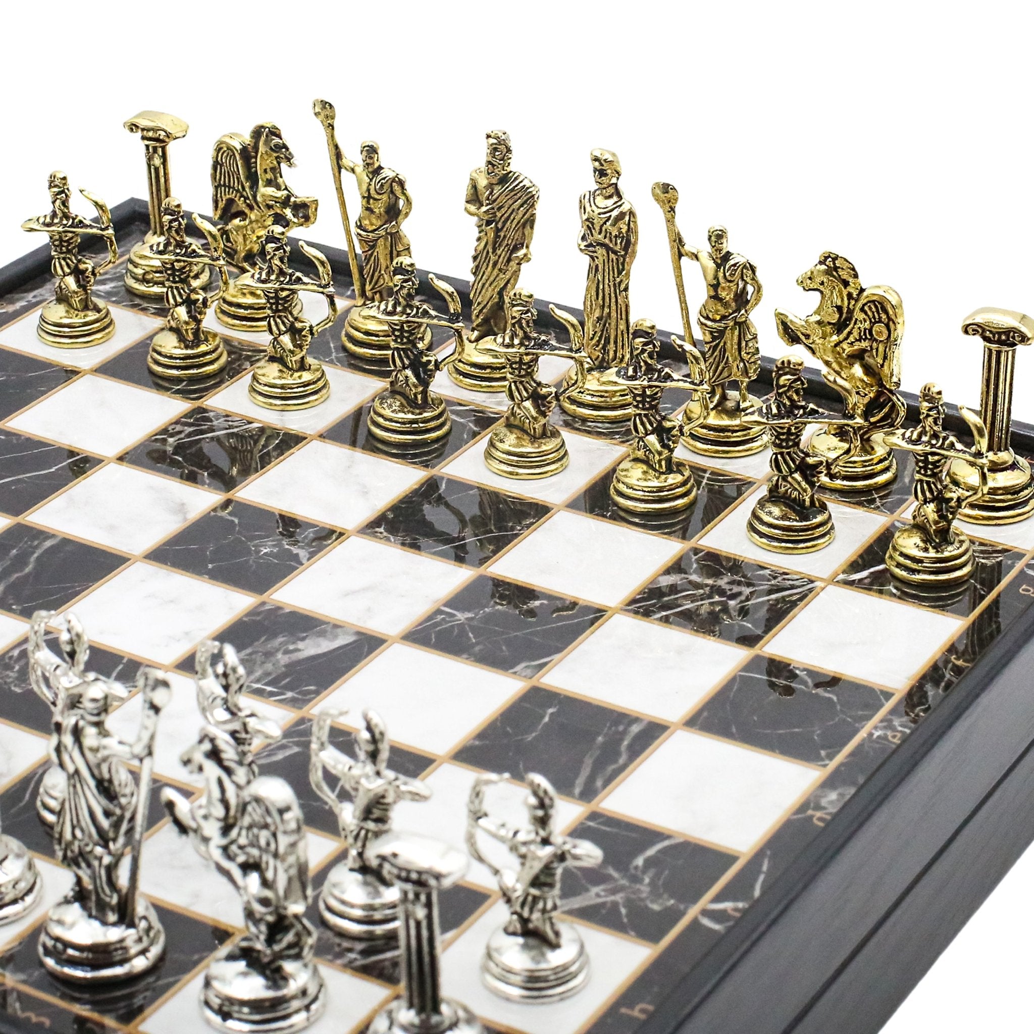 25 CM (10") Storage Chess Set with Metal Roman Archer Figures (Gold vs Silver) - Cooper Chess