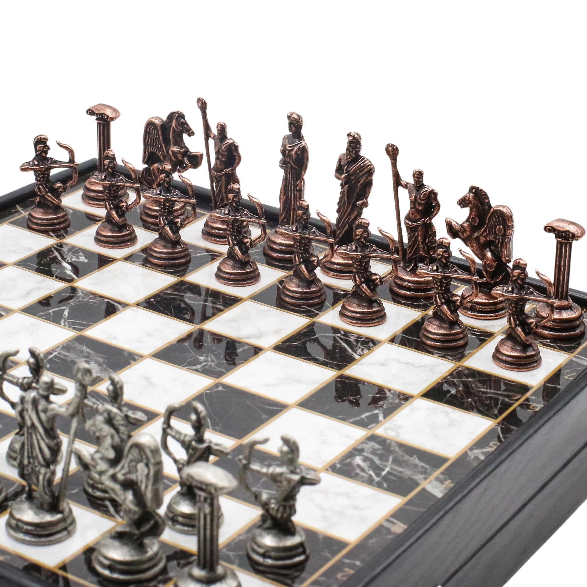 25 CM (10") Storage Chess Set with Vintage Metal Roman Archer Figures (Bronze vs Silver) - Cooper Chess