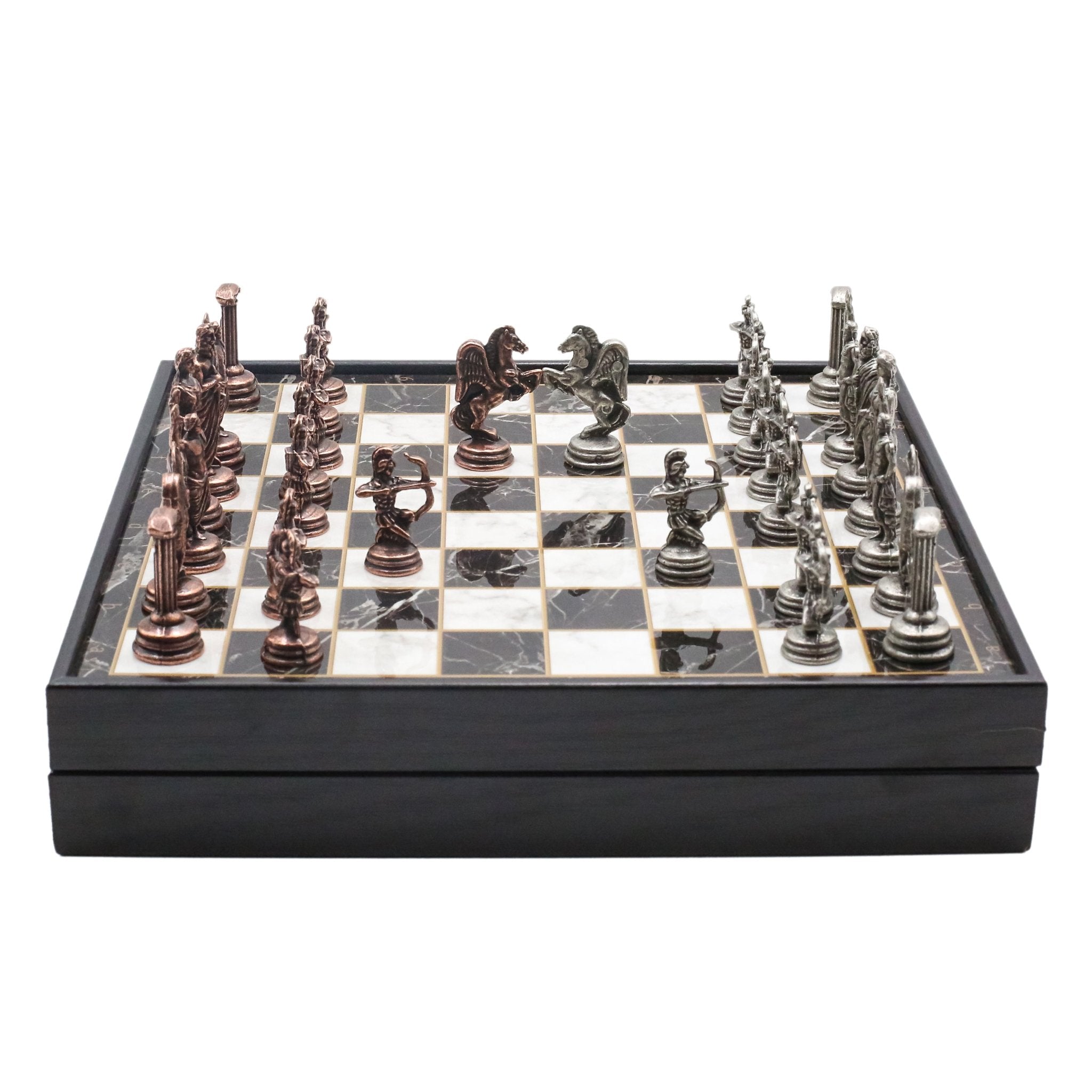 25 CM (10") Storage Chess Set with Vintage Metal Roman Archer Figures (Bronze vs Silver) - Cooper Chess
