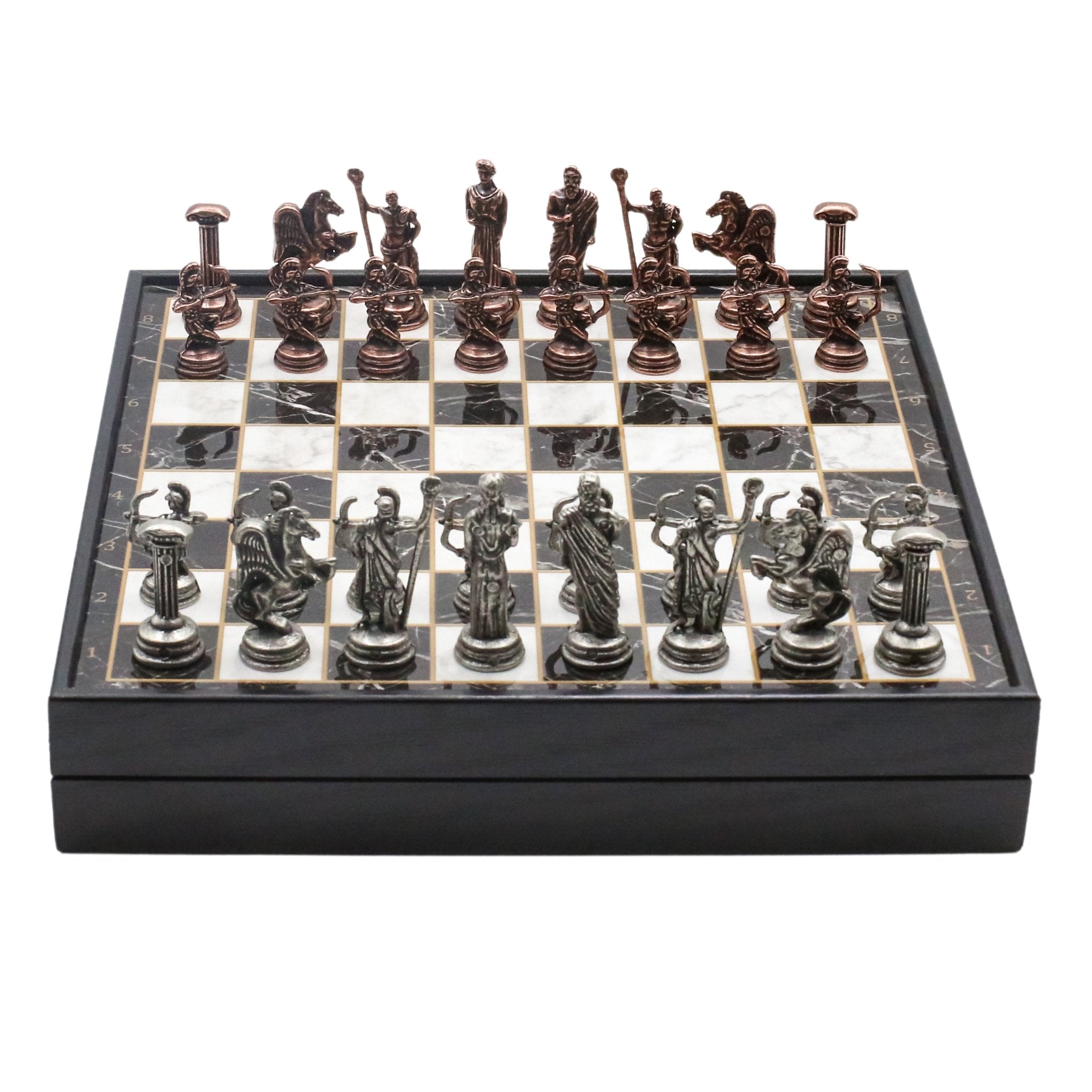 25 CM (10") Storage Chess Set with Vintage Metal Roman Archer Figures (Bronze vs Silver) - Cooper Chess
